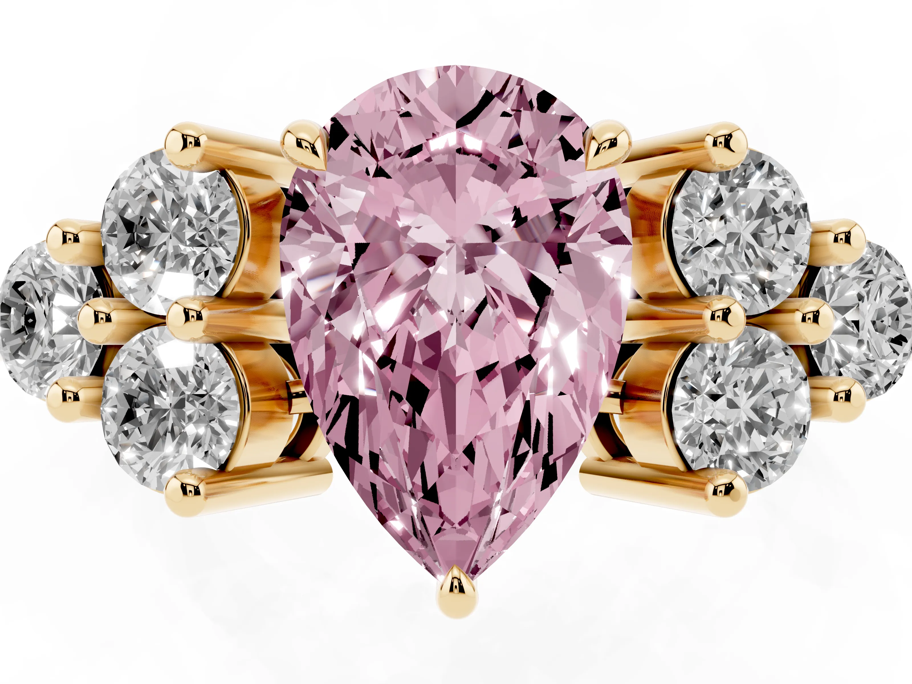 Fancy Pink Pear Cut Diamond Solitaire Ring Set in Yellow gold with Cluster Accents on Each Side