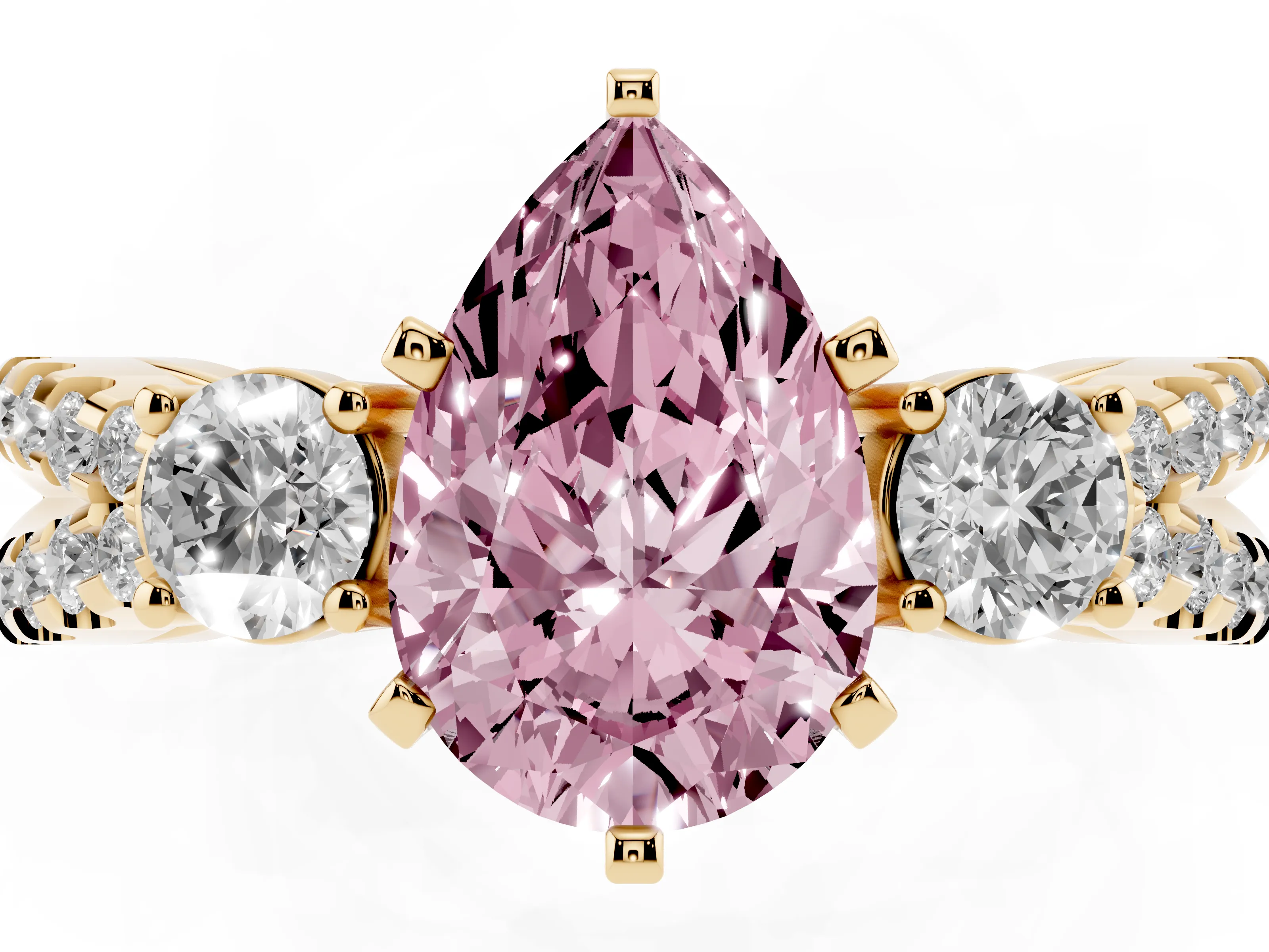 Fancy Pink Pear Cut Diamond Three-Stone Ring Set in Yellow gold with Pavé Split Shank and Prong Setting