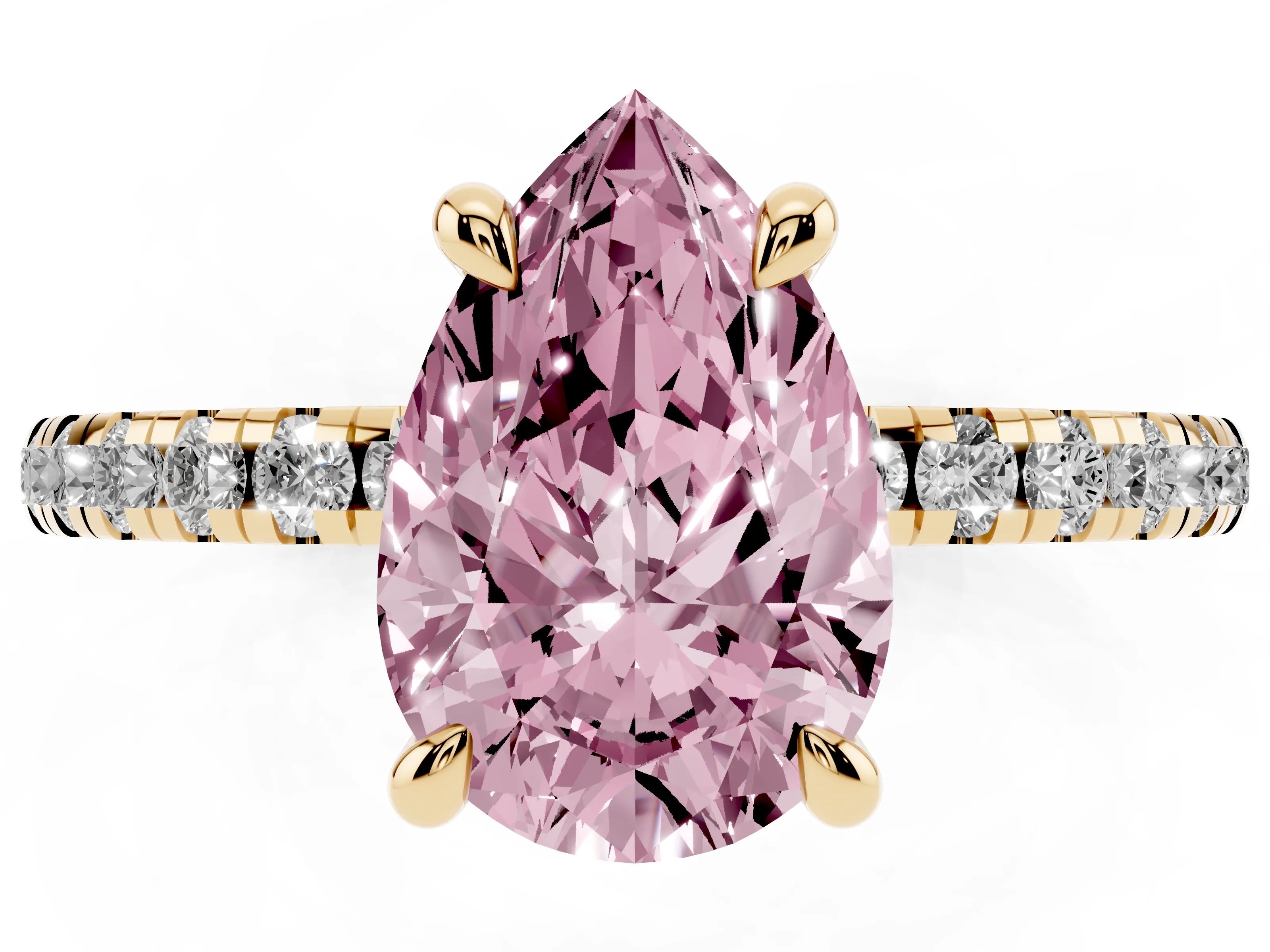 Fancy Pink Pear Cut Diamond Brilliant Solitaire Ring Set in Yellow gold with Pavé Band and Prong Setting