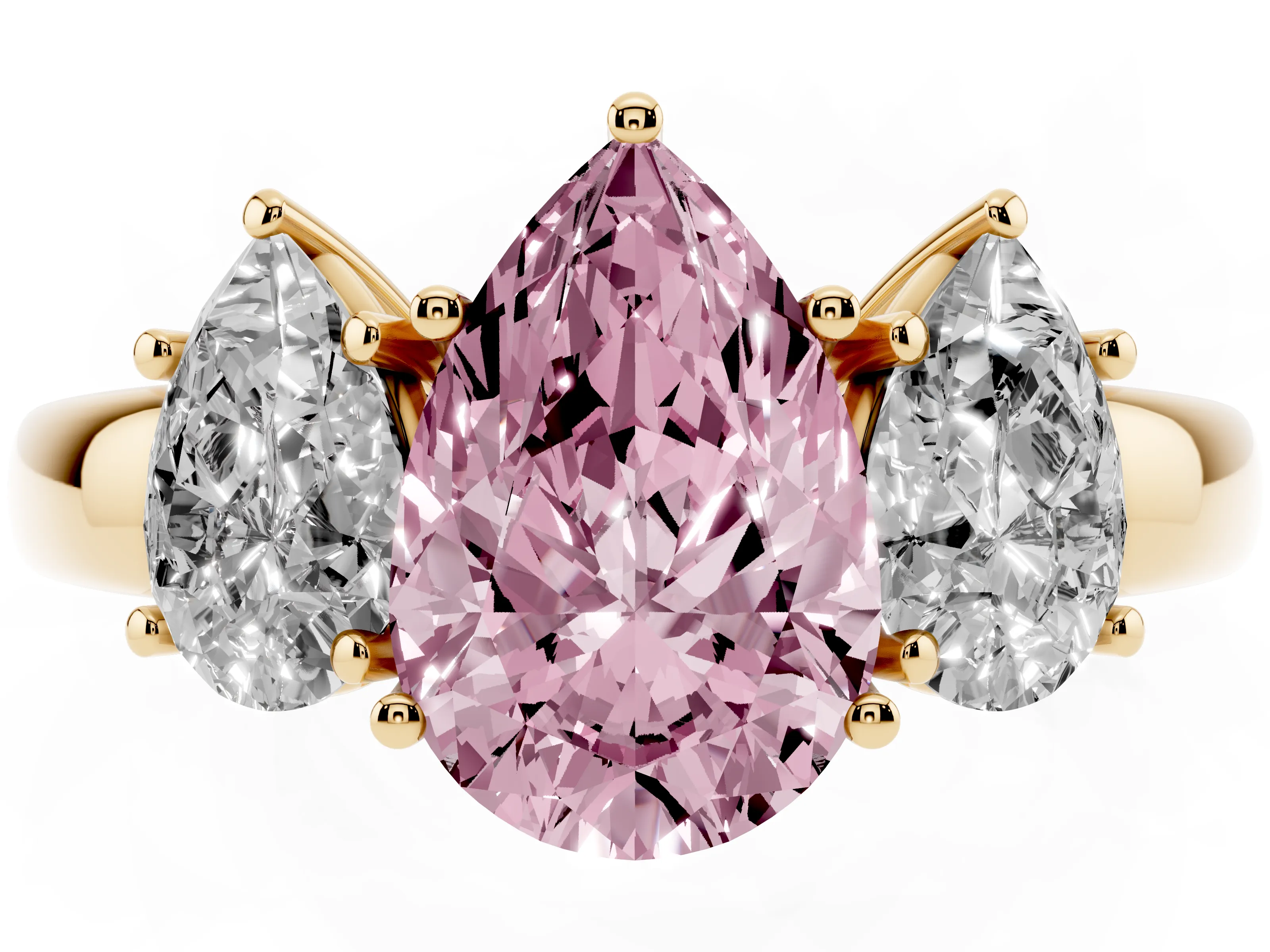 Fancy Pink Pear Cut Diamond Three-Stone Ring Set in Yellow gold with Bold Center and Classic Band