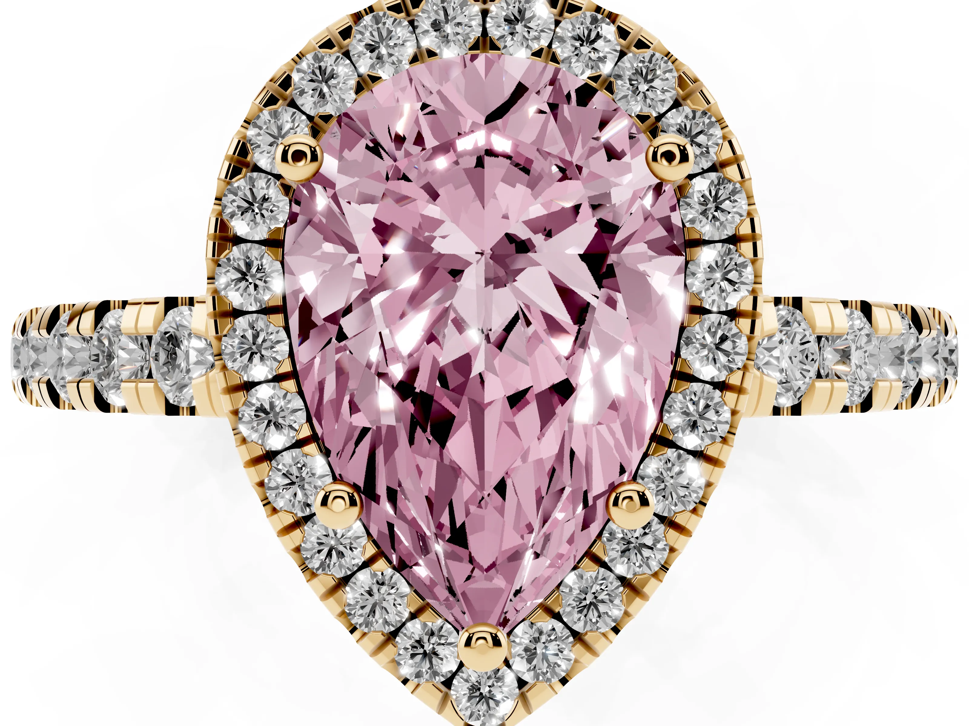 Fancy Pink Pear Cut Diamond Halo Ring Set in Yellow gold with Delicate Pavé Band and Prong Setting