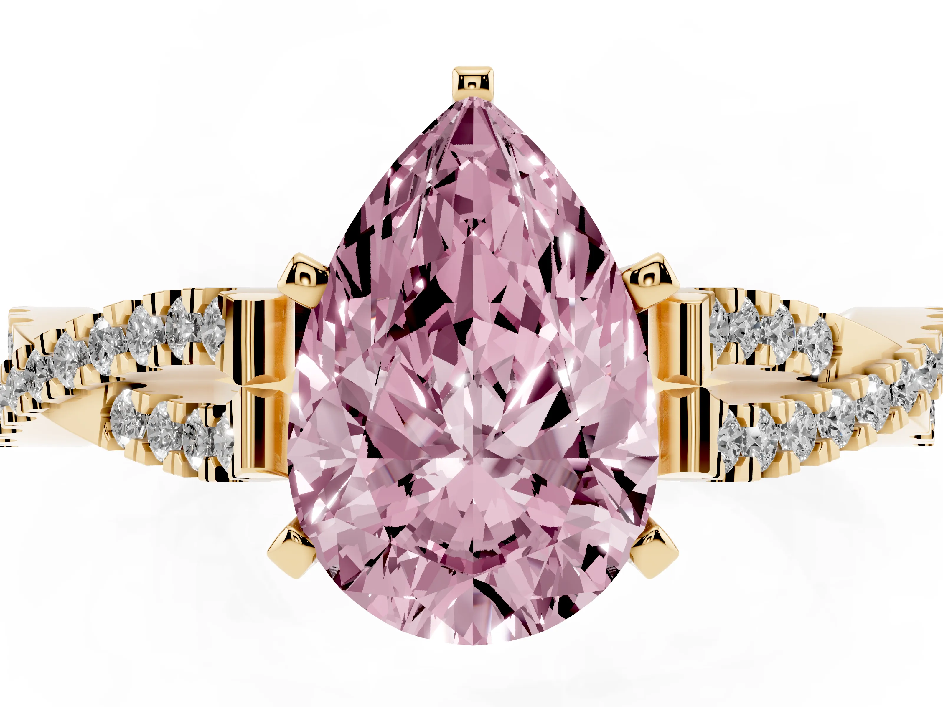 Fancy Pink Pear Cut Diamond Solitaire Engagement Ring Set in Yellow gold with Twisted Pavé Band and Prong Setting
