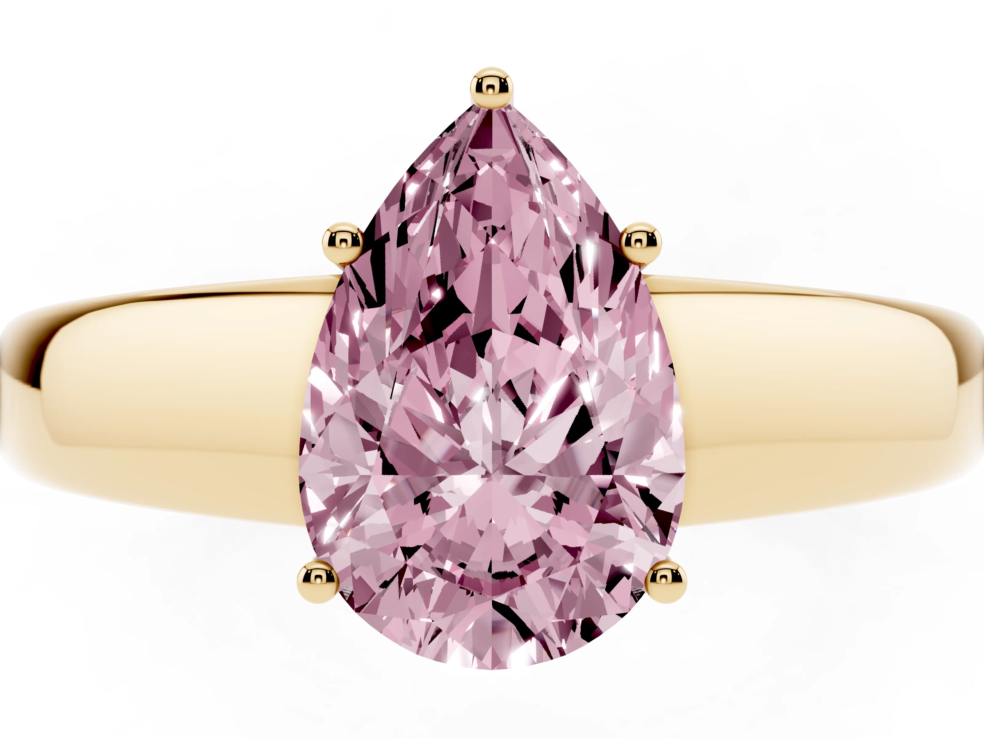 Fancy Pink Pear Cut Diamond Solitaire Ring Set in Yellow gold with Tapered Band and Prong Setting