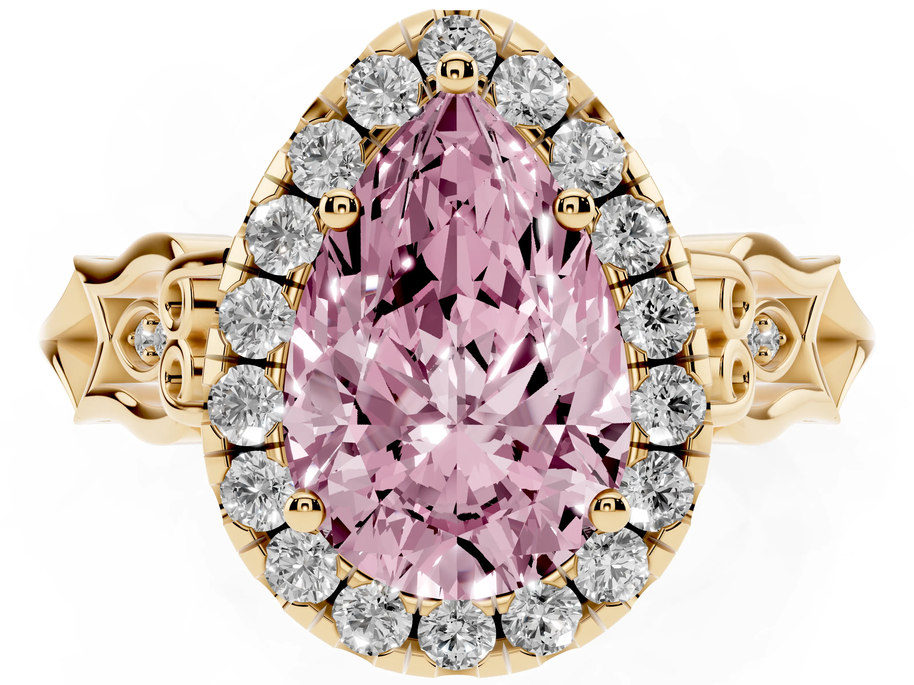 Fancy Pink Pear Cut Diamond Halo Engagement Ring Set in Yellow gold with Filigree Band and Prong-Set Center