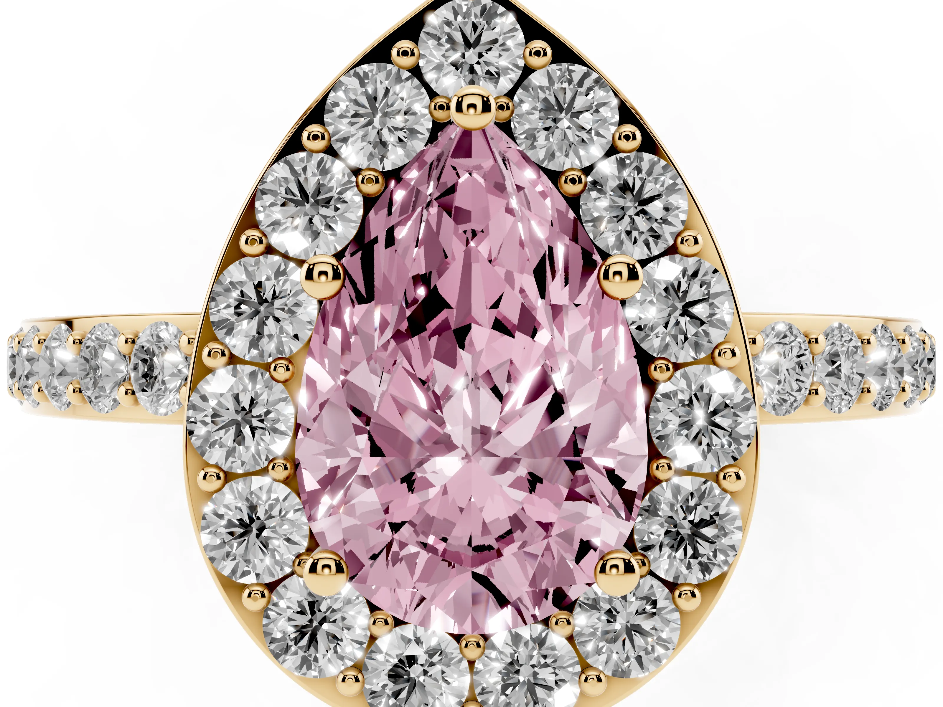 Fancy Pink Pear Cut Diamond Halo Ring Set in Yellow gold with Pavé-Setting Band and Open Prong Center