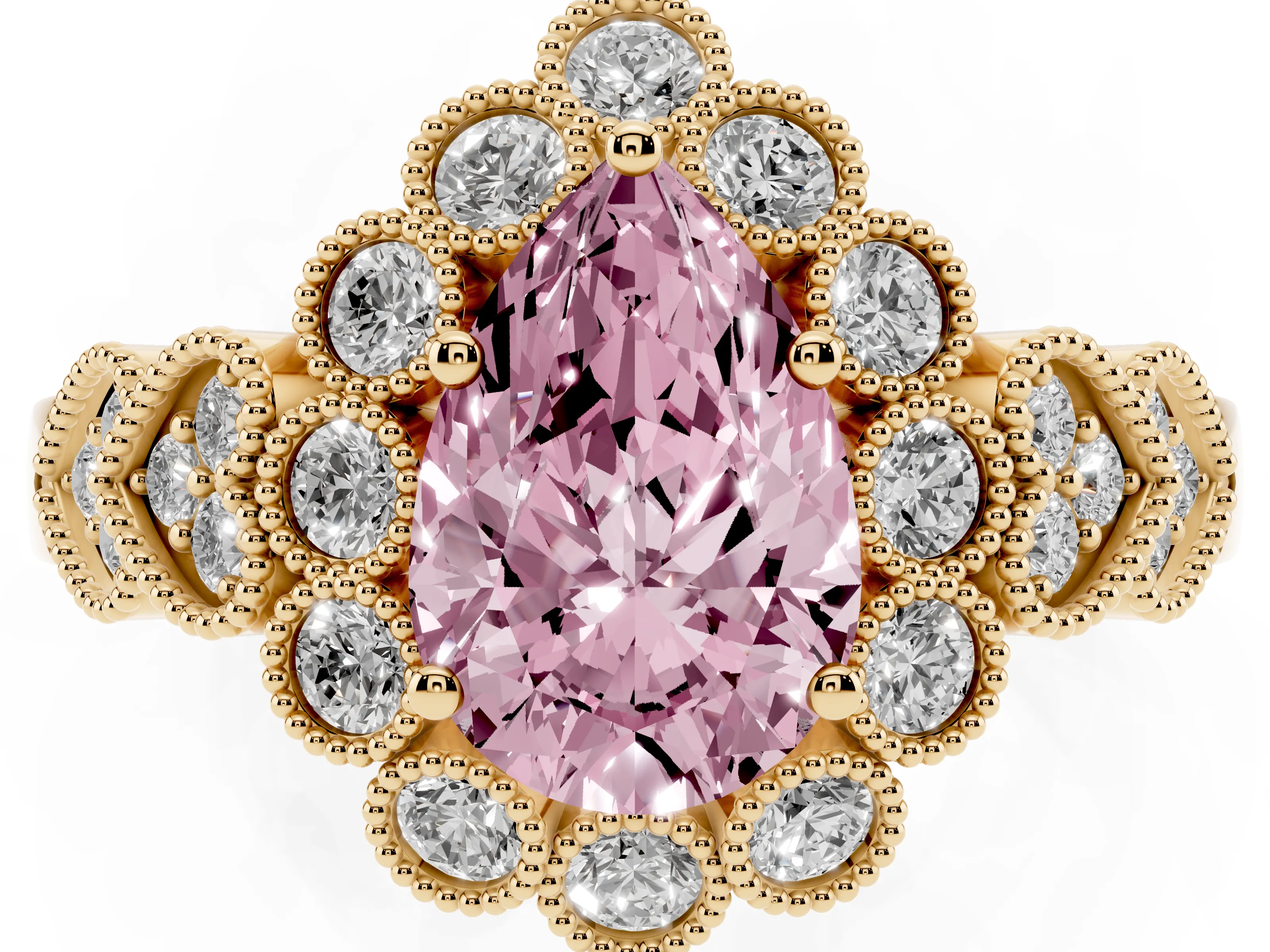Fancy Pink Pear Cut Diamond Solitaire Ring Set in Yellow gold with Milgrain Pavé Heart Band