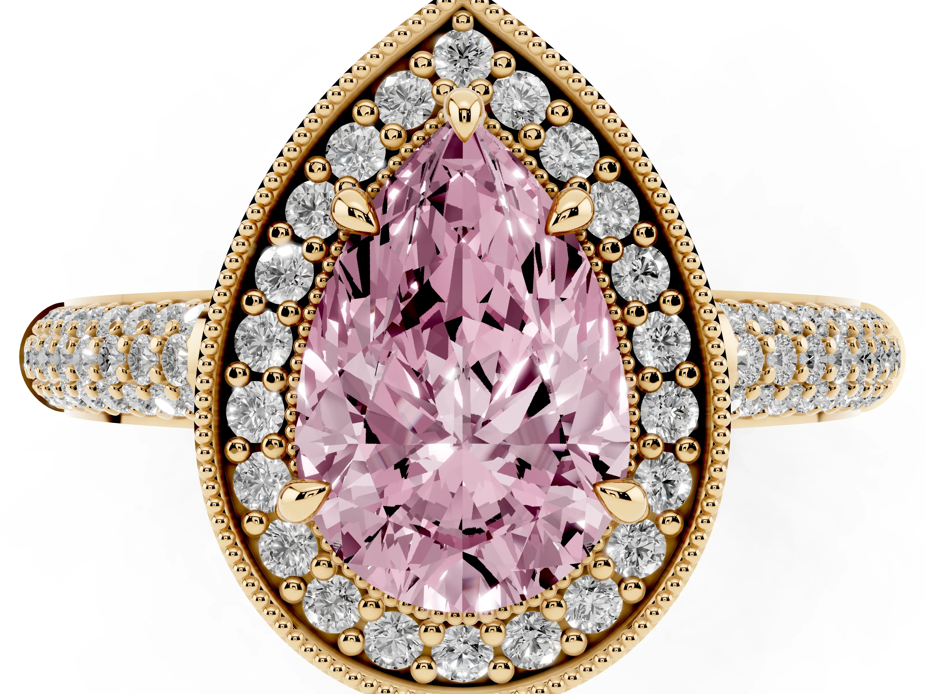 Fancy Pink Pear Cut Diamond Halo Pavé Band Set in Yellow gold with Prong Setting