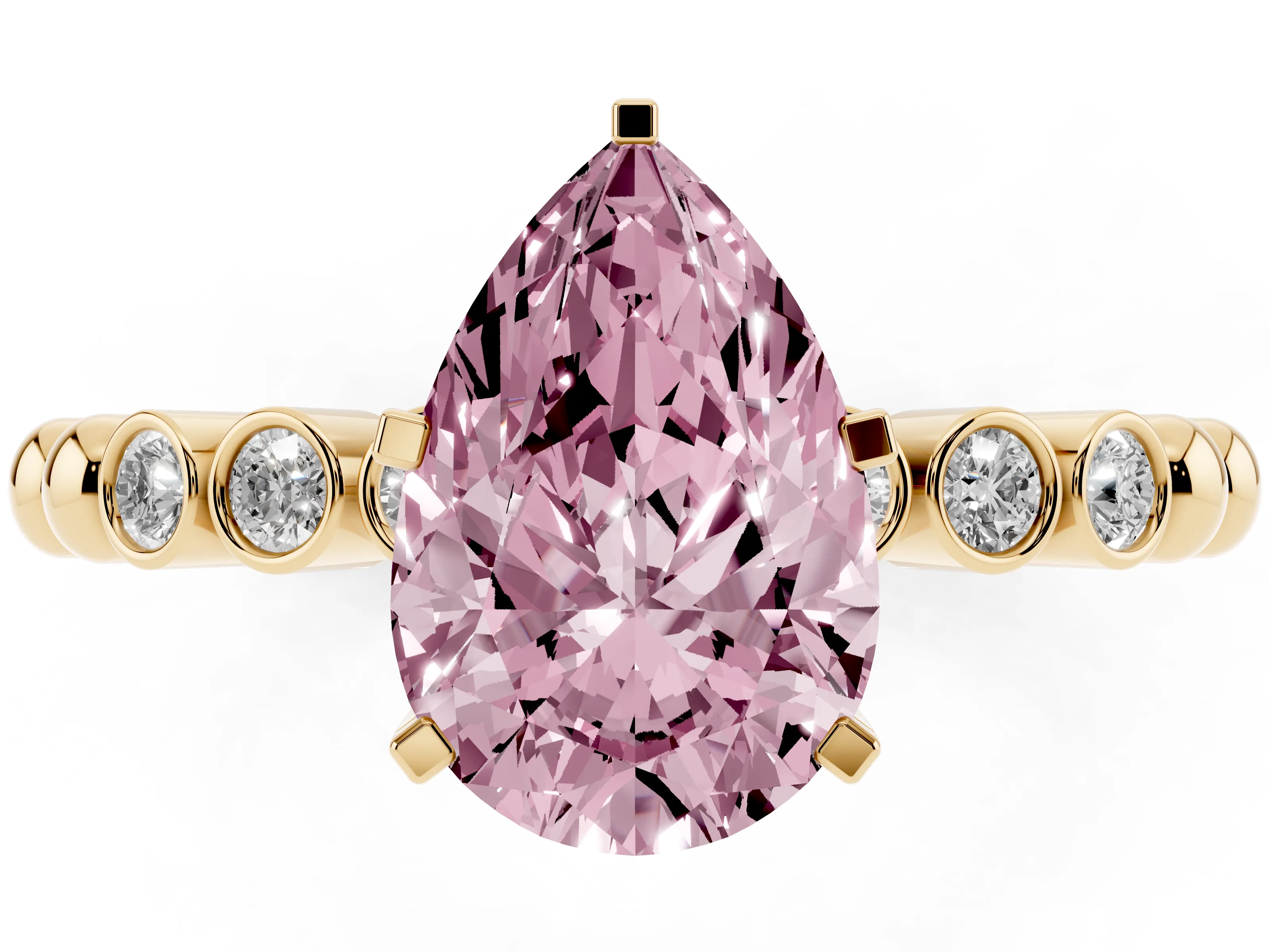 Fancy Pink Pear Cut Diamond Solitaire Engagement Ring Set in Yellow gold with Bezel Accents on Beaded Band
