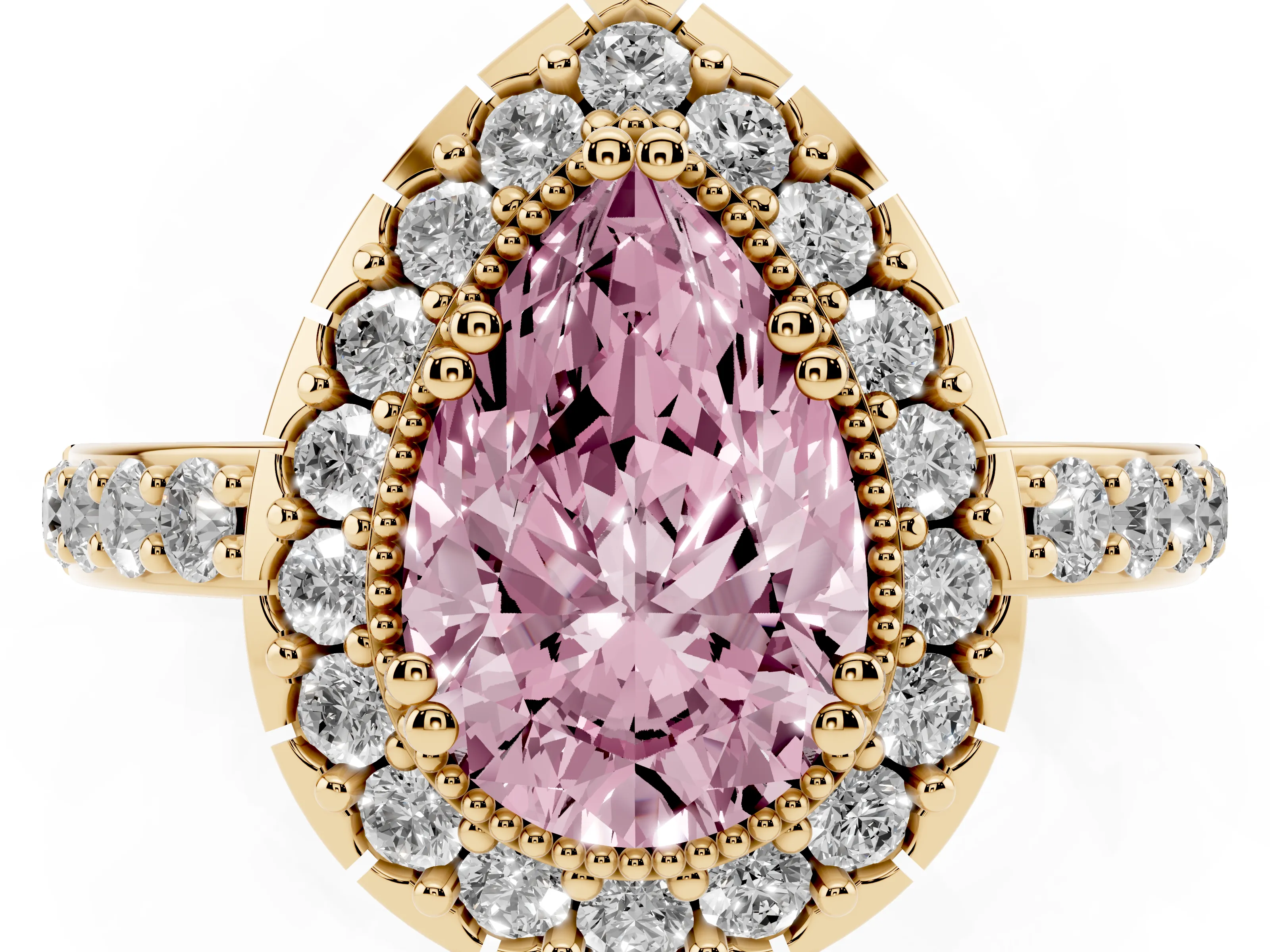 Fancy Pink Pear Cut Diamond Halo Ring Set in Yellow gold with Pavé Shank and Prong Setting