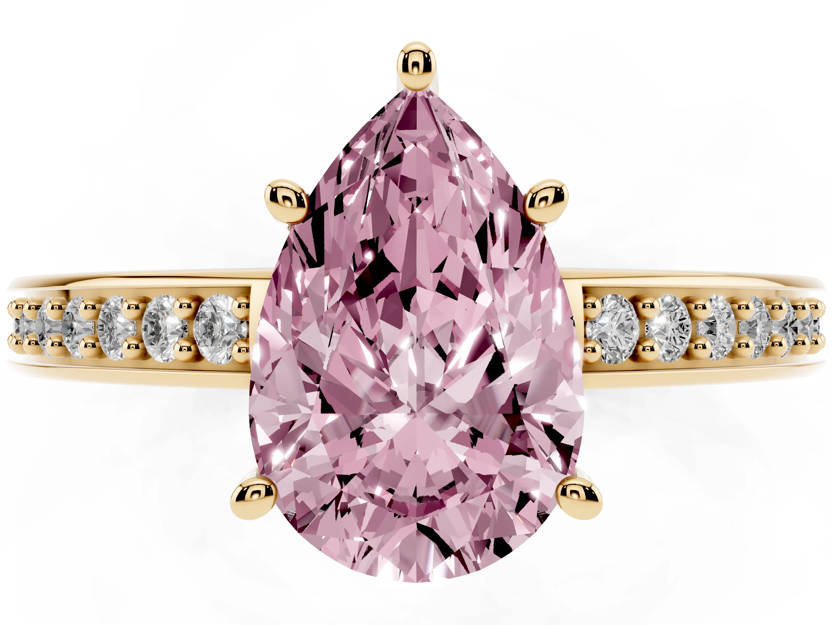 Fancy Pink Pear Cut Diamond Pavé Band Prong Set Solitaire Ring Set in Yellow gold