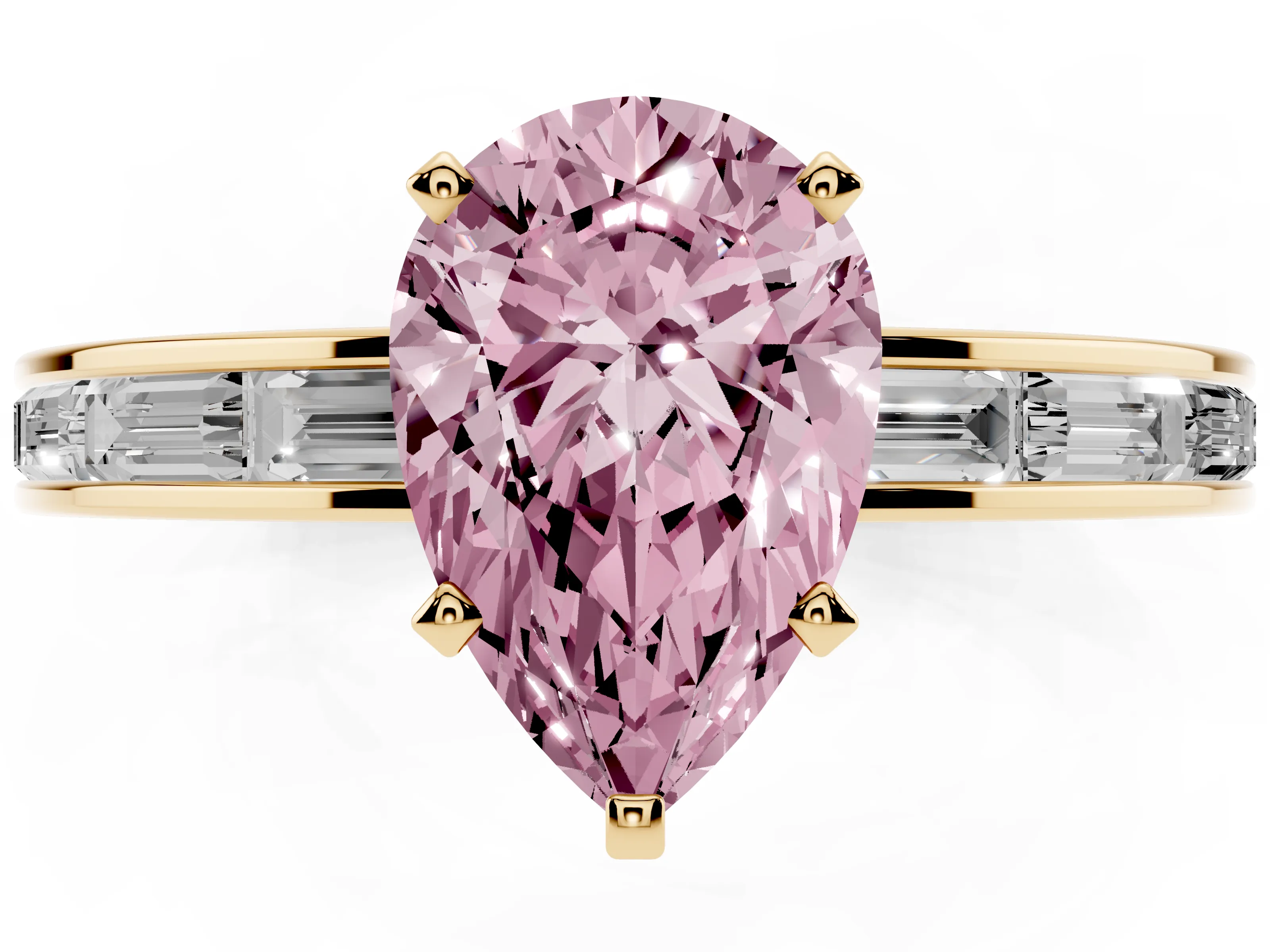Fancy Pink Pear Cut Diamond Solitaire Ring Set in Yellow gold with Channel-Set Baguette Band and Prong Setting