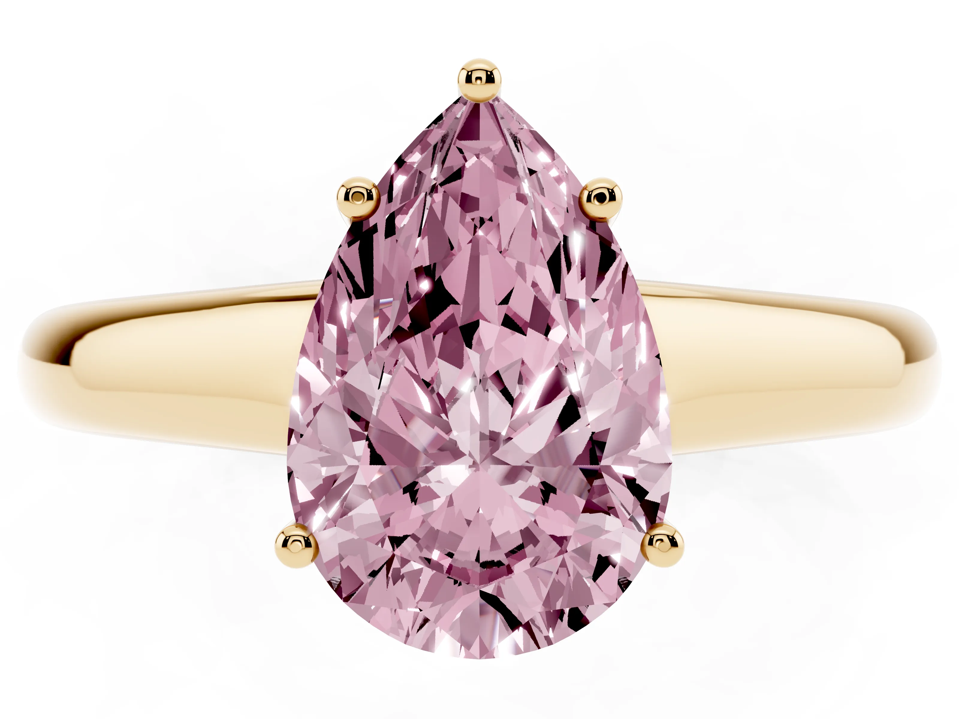 Fancy Pink Pear Cut Diamond Solitaire Engagement Ring Set in Yellow gold with Subtly Tapered Band and Prong Setting