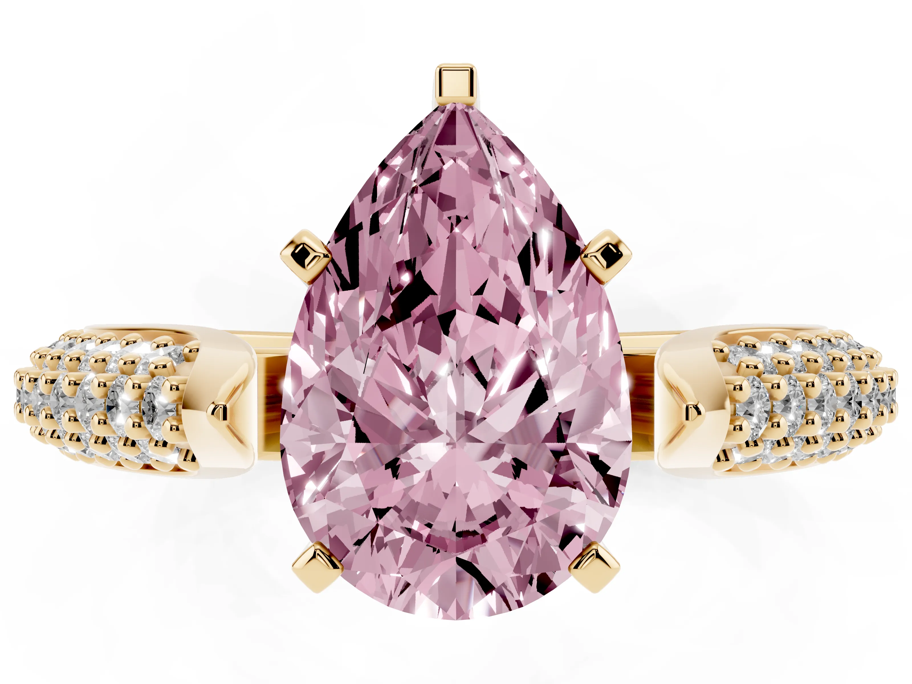 Fancy Pink Pear Cut Diamond Solitaire Engagement Ring Set in Yellow gold with Multi-Row Round Pavé Band and Prong Setting