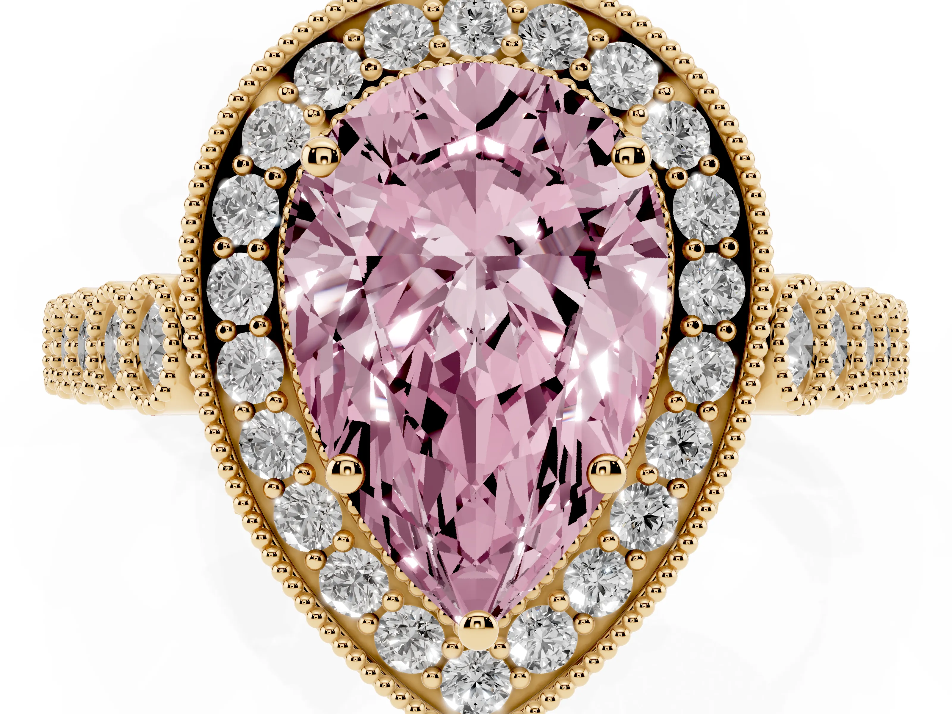 Fancy Pink Pear Cut Diamond Milgrain Halo Solitaire Ring Set in Yellow gold with Bezel Set Side Stones and Pavé Band
