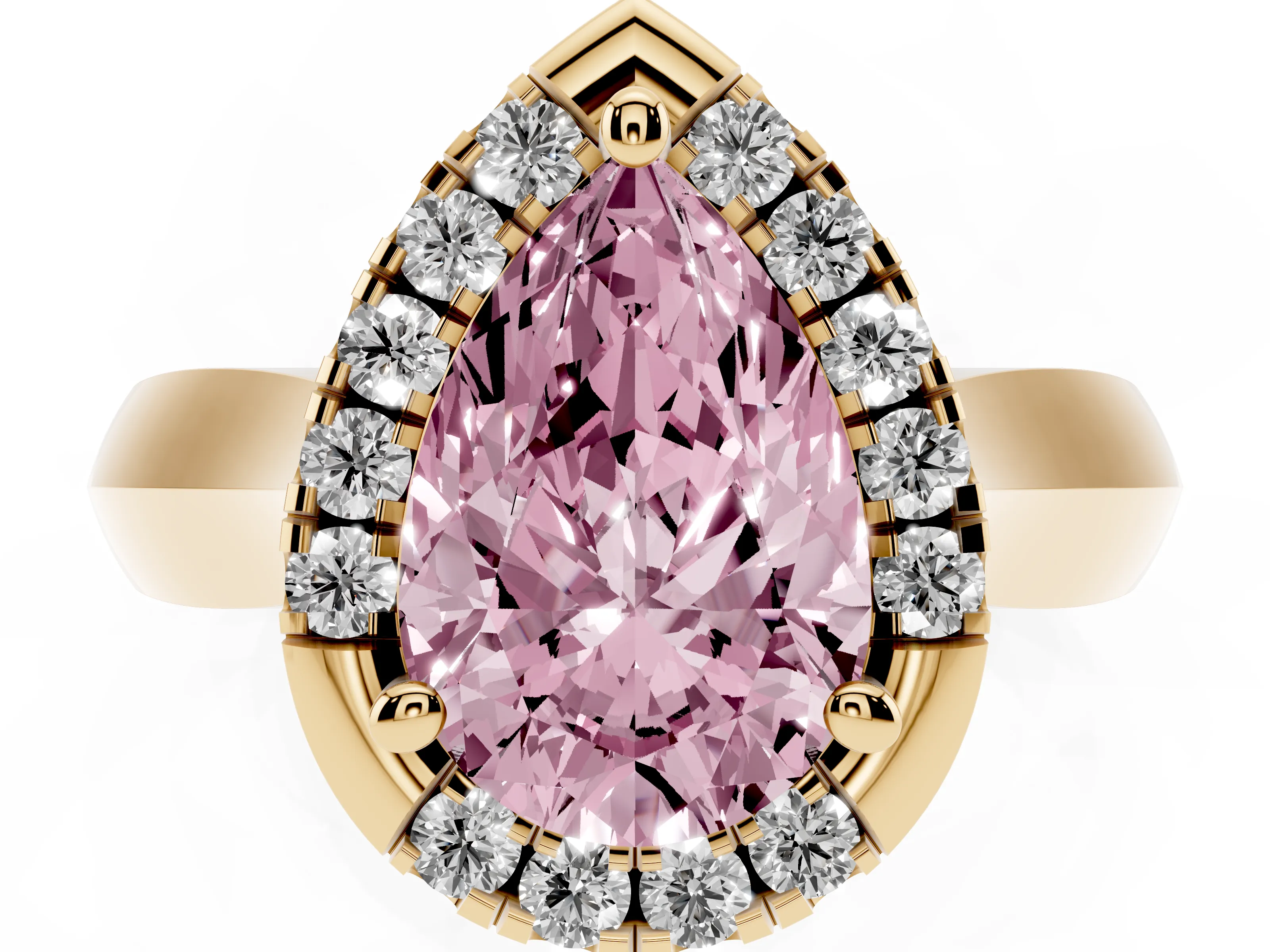 Fancy Pink Pear Cut Diamond Halo Solitaire Engagement Ring Set in Yellow gold with Square Band and Prong Setting