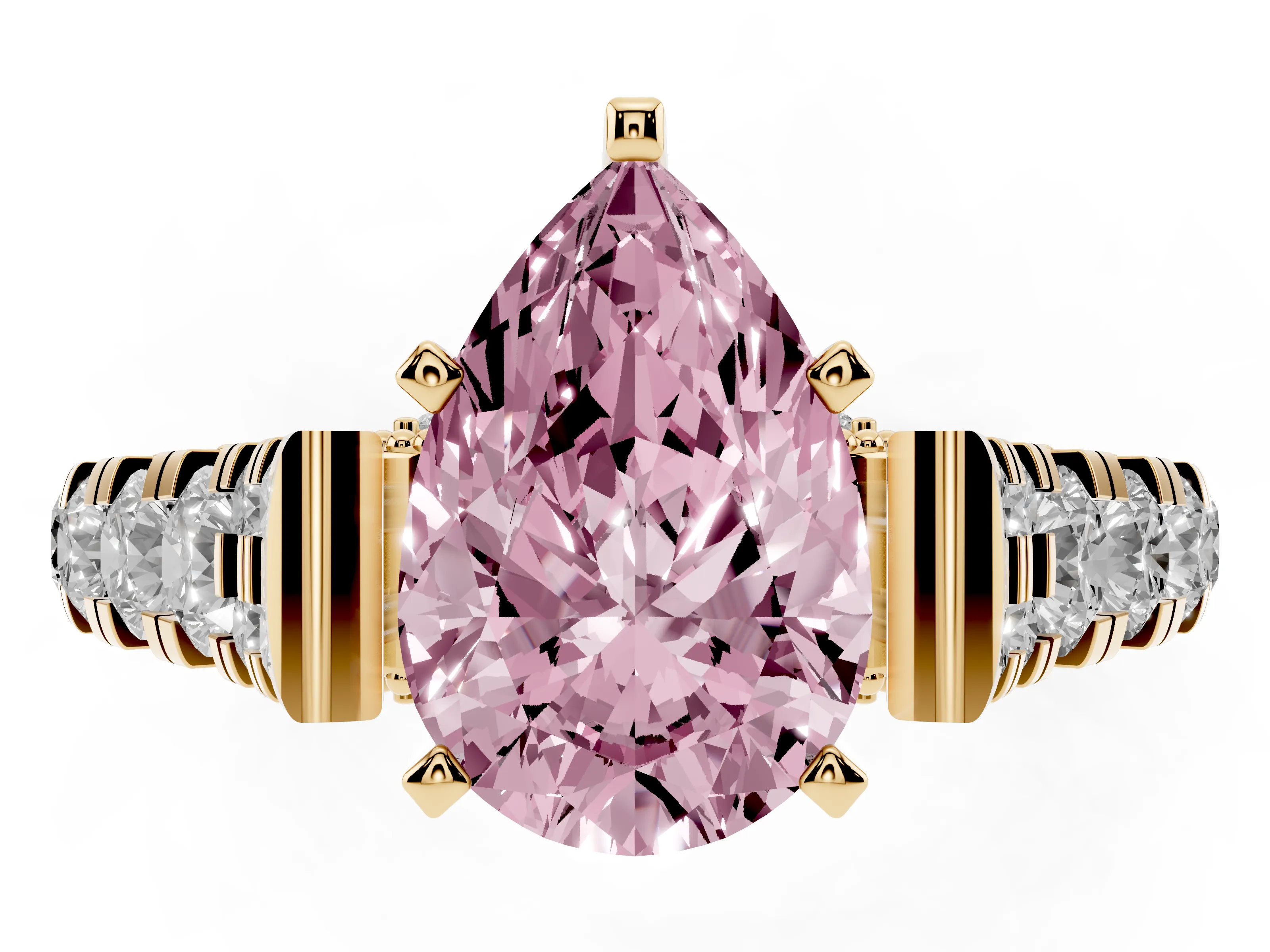 Fancy Pink Pear Cut Diamond Classic Solitaire Ring Set in Yellow gold with Pavé Band and Prong Setting