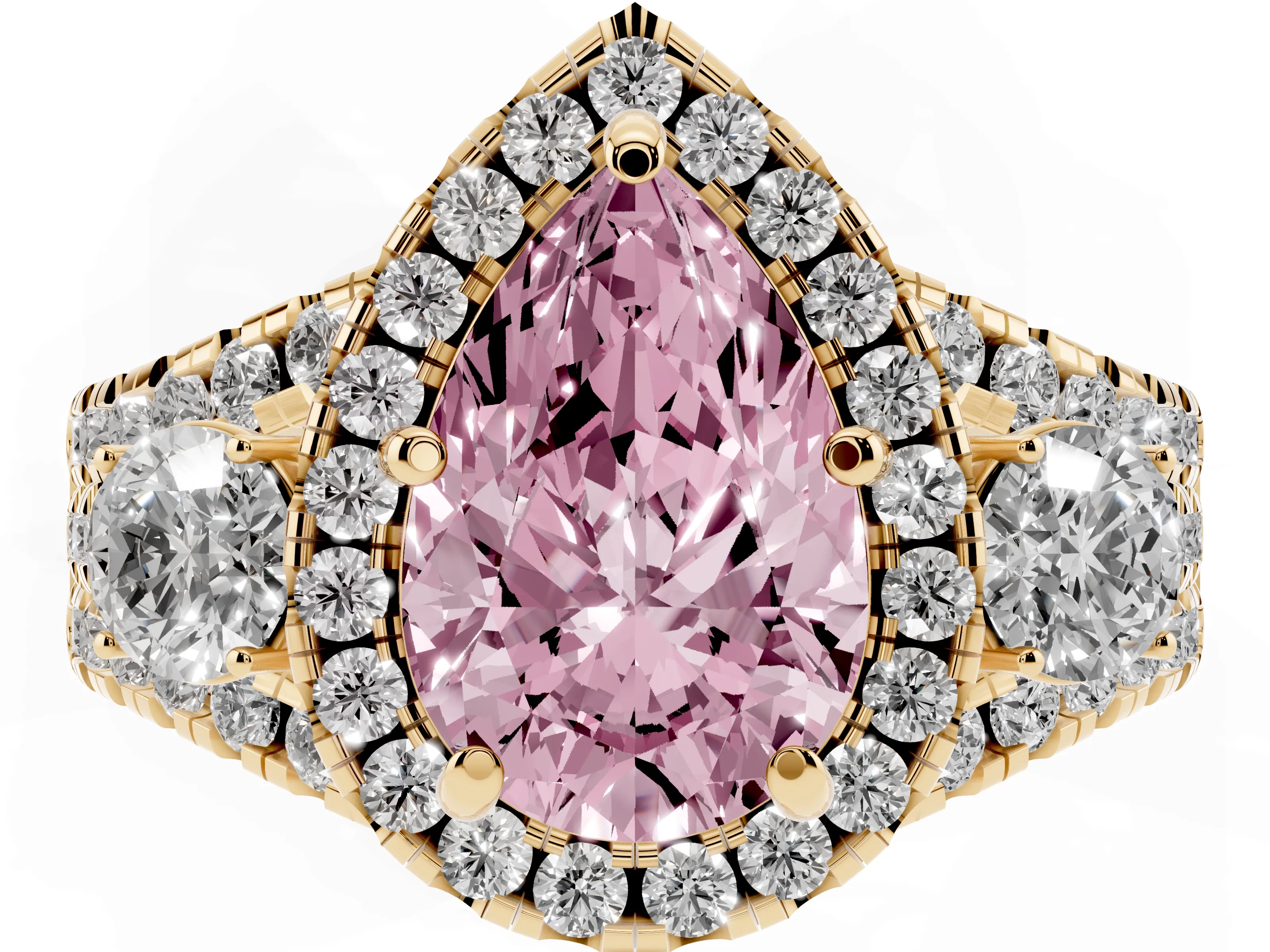 Fancy Pink Pear Cut Diamond Halo Split Shank Ring Set in Yellow gold with Round Accent Stones and Prong Setting