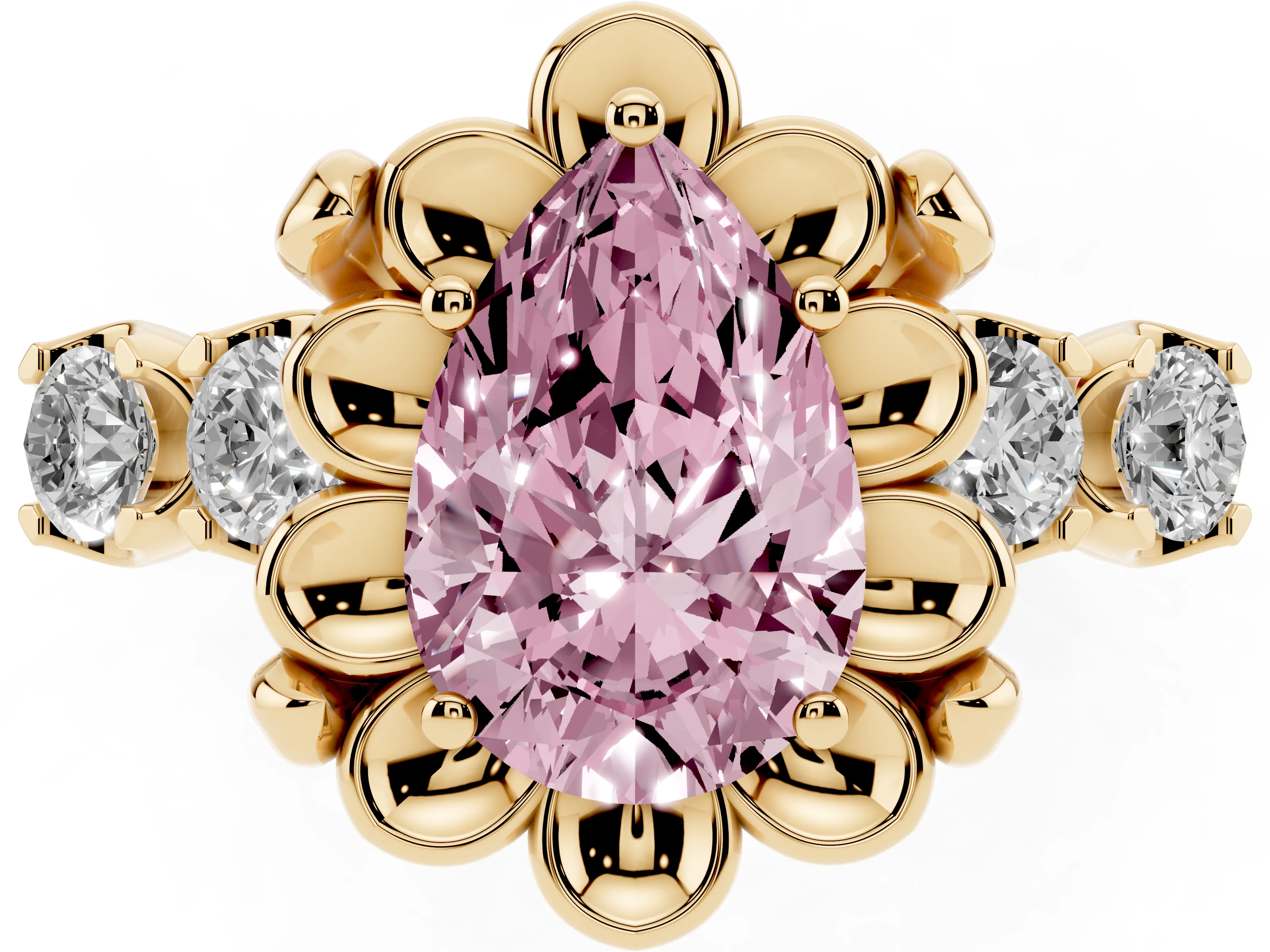 Fancy Pink Pear Cut Diamond Floral Halo Ring Set in Yellow gold with Shared Prong Band