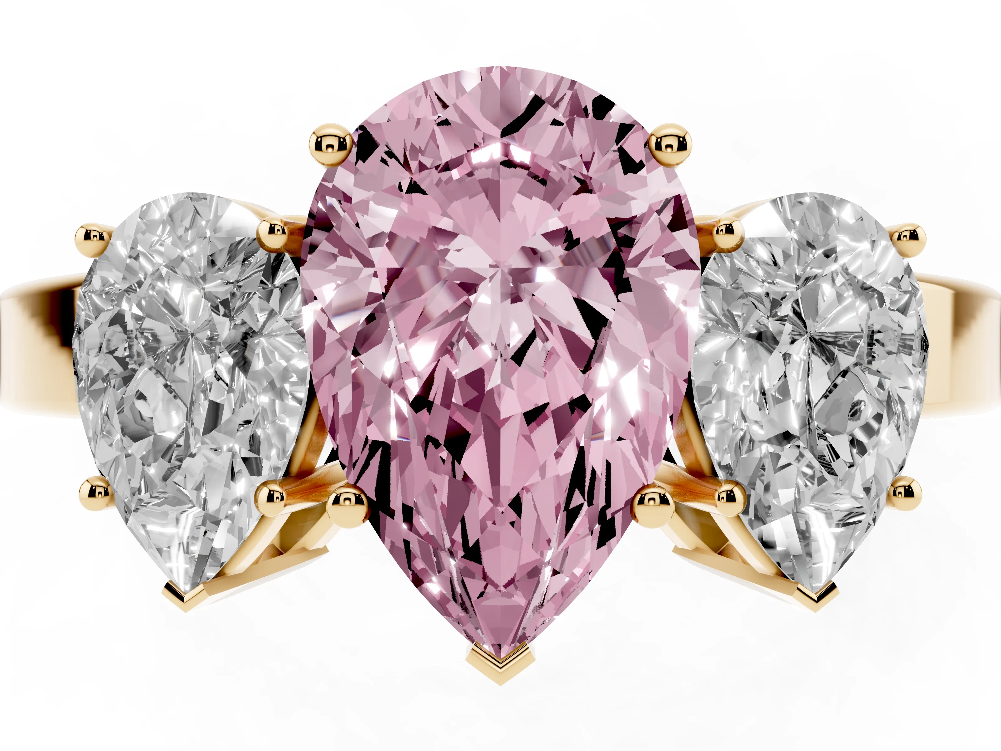 Fancy Pink Pear Cut Diamond Three-Stone Engagement Ring Set in Yellow gold with Flat Band