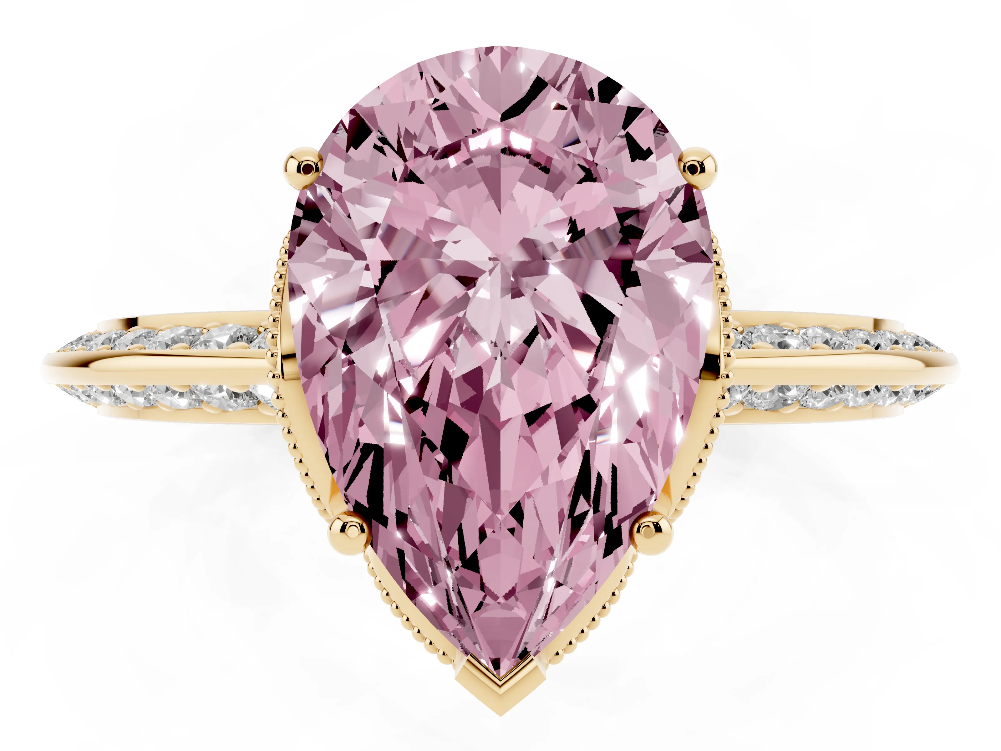 Fancy Pink Pear Cut Diamond Solitaire Engagement Ring Set in Yellow gold with Pavé Split Shank and Prong Setting