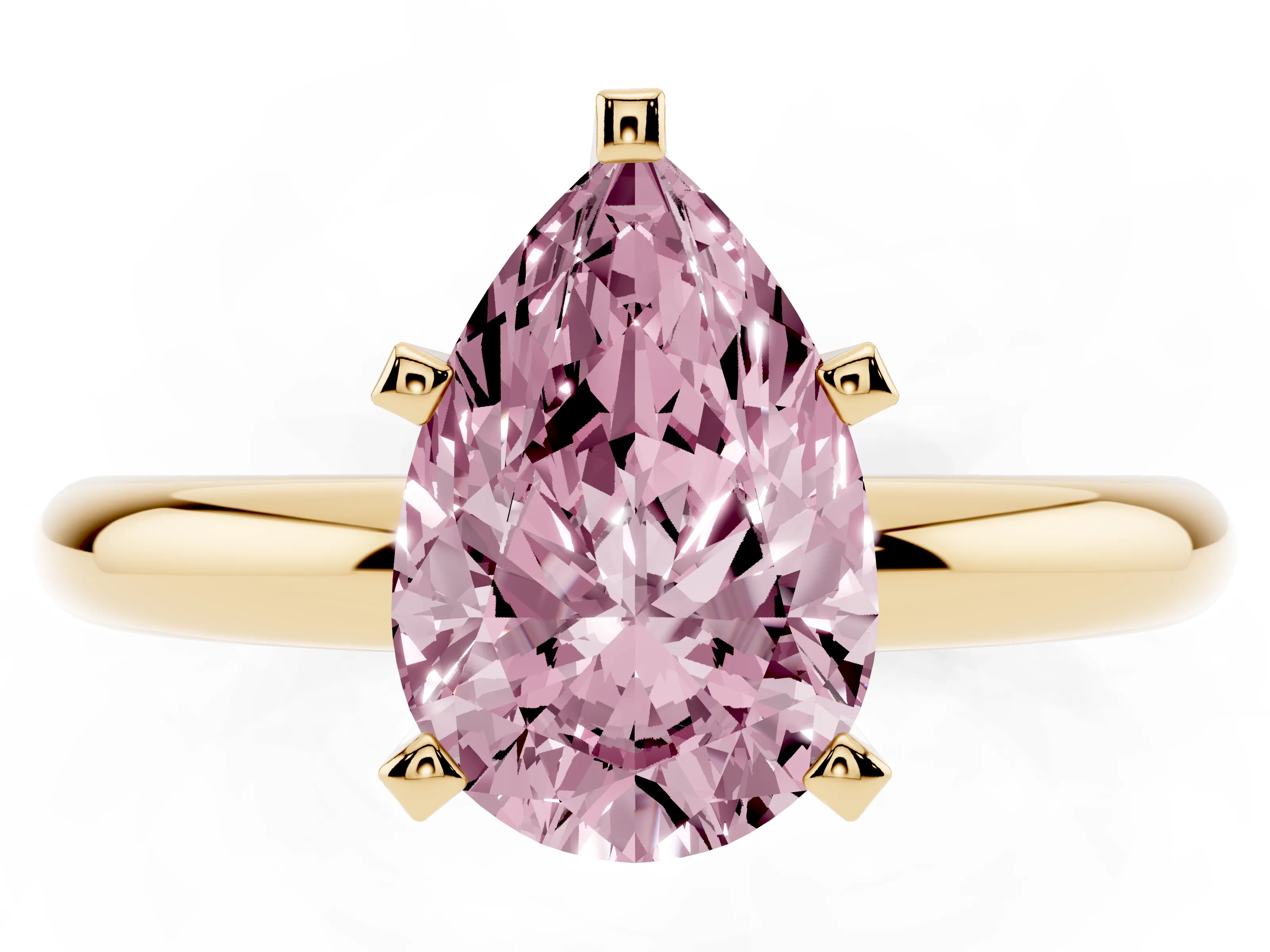 Fancy Pink Pear Cut Diamond Solitaire Engagement Ring Set in Yellow gold with Round Band and Prong Setting