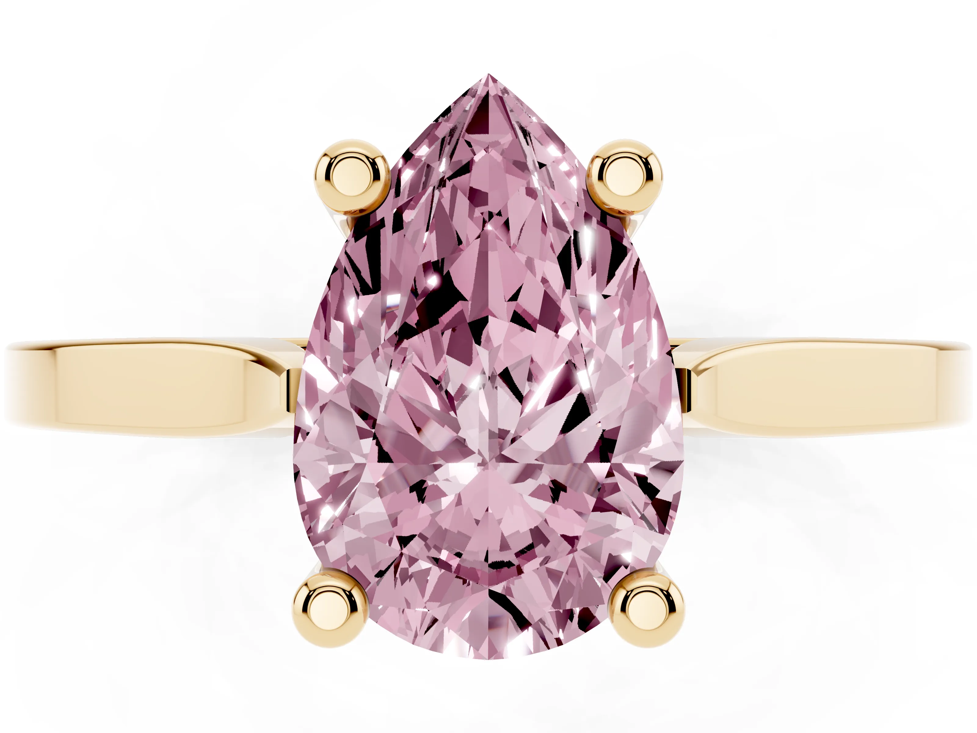 Fancy Pink Pear Cut Diamond Solitaire Ring Set in Yellow gold with Prong Setting and Tapered Band