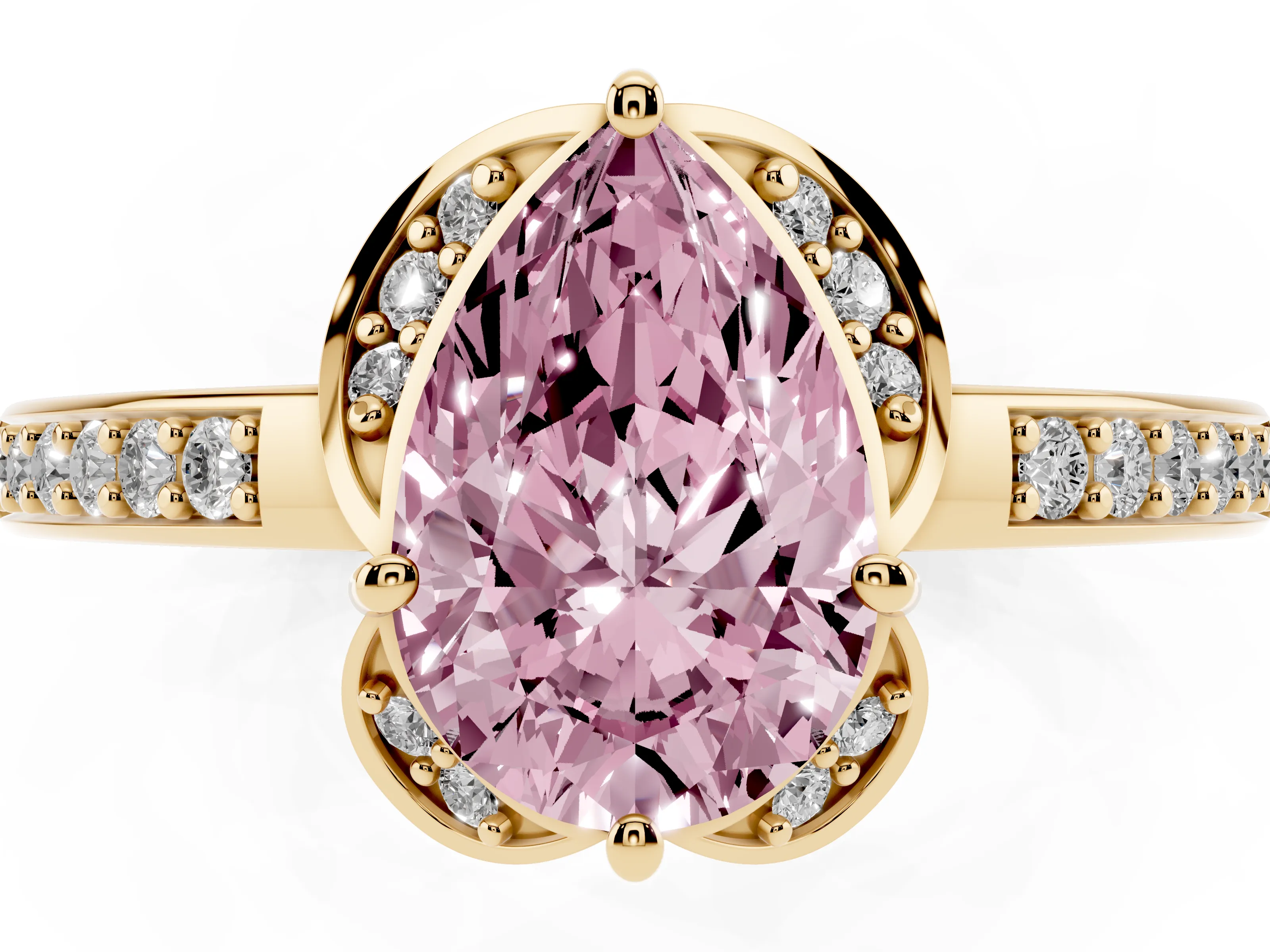 Fancy Pink Pear Cut Diamond Halo Ring Set in Yellow gold with Channel Set Band and Prong Setting