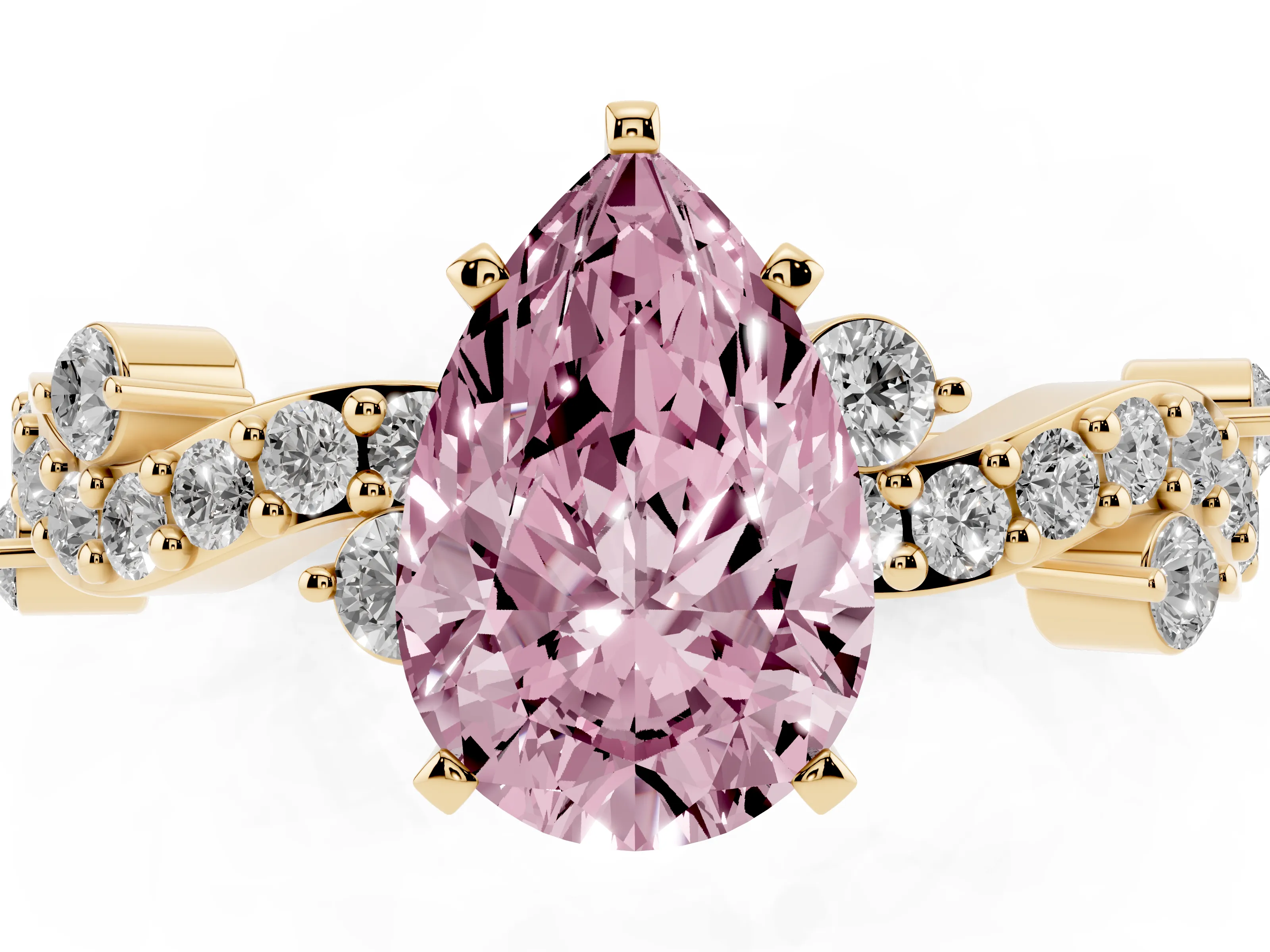 Fancy Pink Pear Cut Diamond Solitaire Twisted Band Set in Yellow gold with Pavé Setting