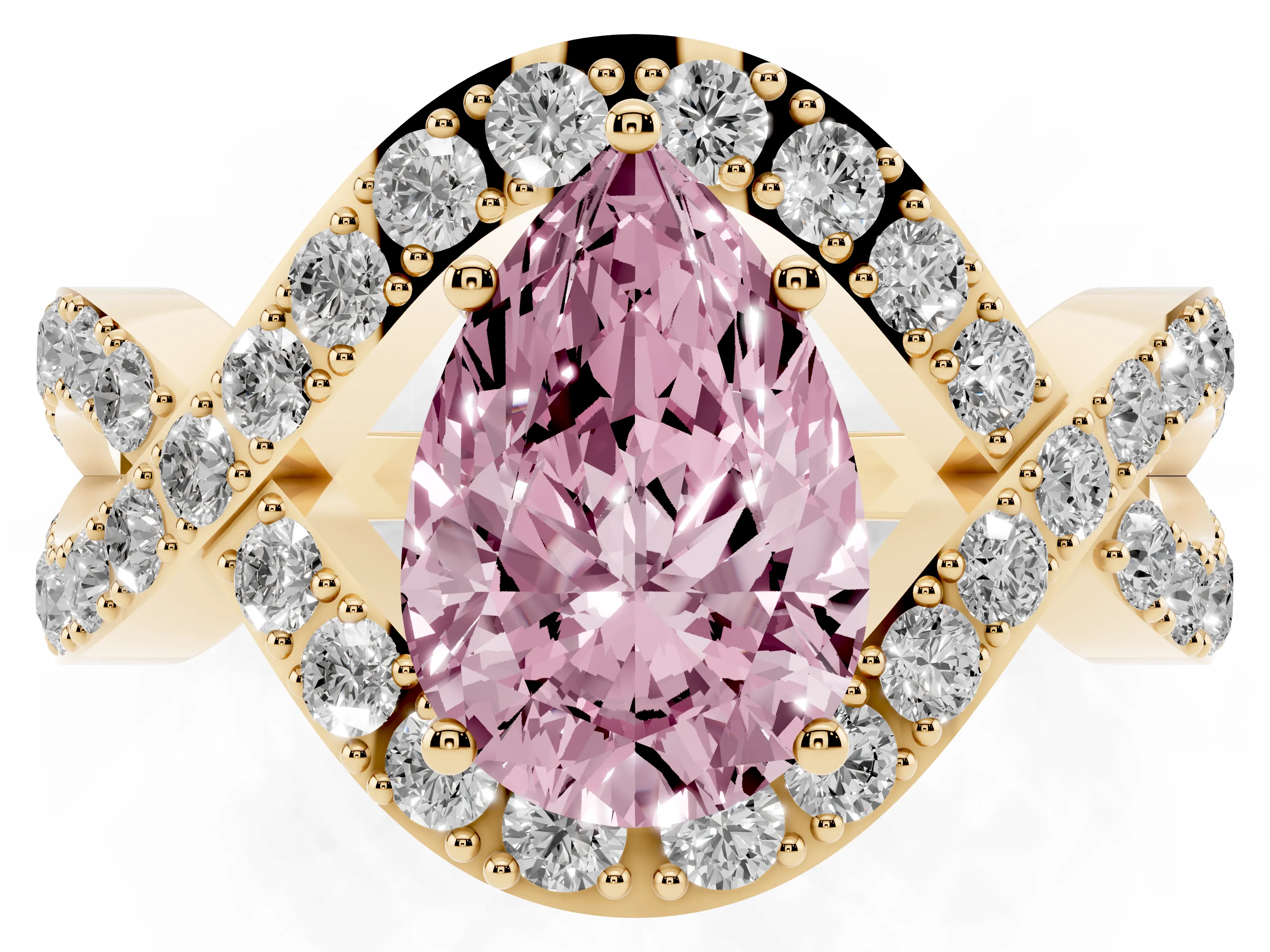 Fancy Pink Pear Cut Diamond Solitaire Twist Band Pavé Engagement Ring Set in Yellow gold
