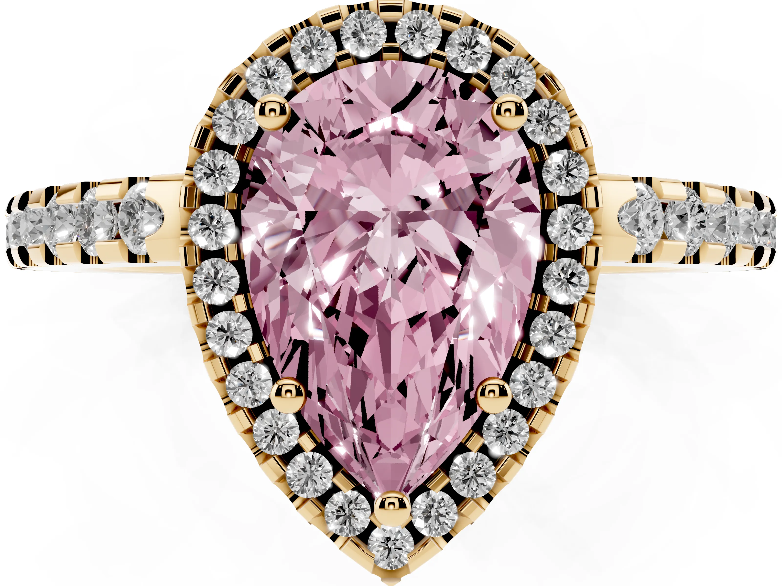 Fancy Pink Pear Cut Diamond Halo Ring Set in Yellow gold with Pavé Shoulders and Halo-Framed Center