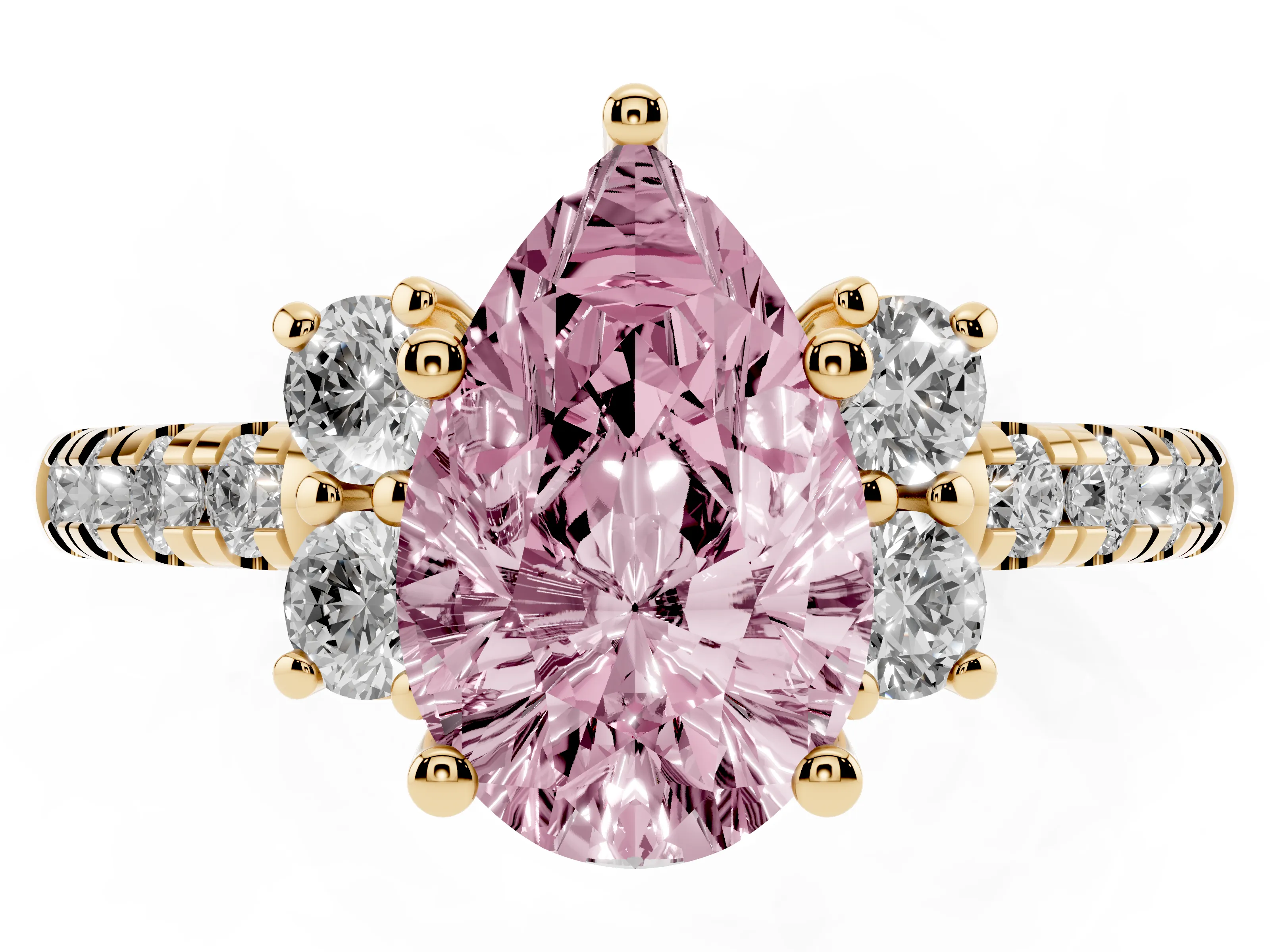 Fancy Pink Pear Cut Diamond Three-Stone Pavé Ring Set in Yellow gold with Prong Setting