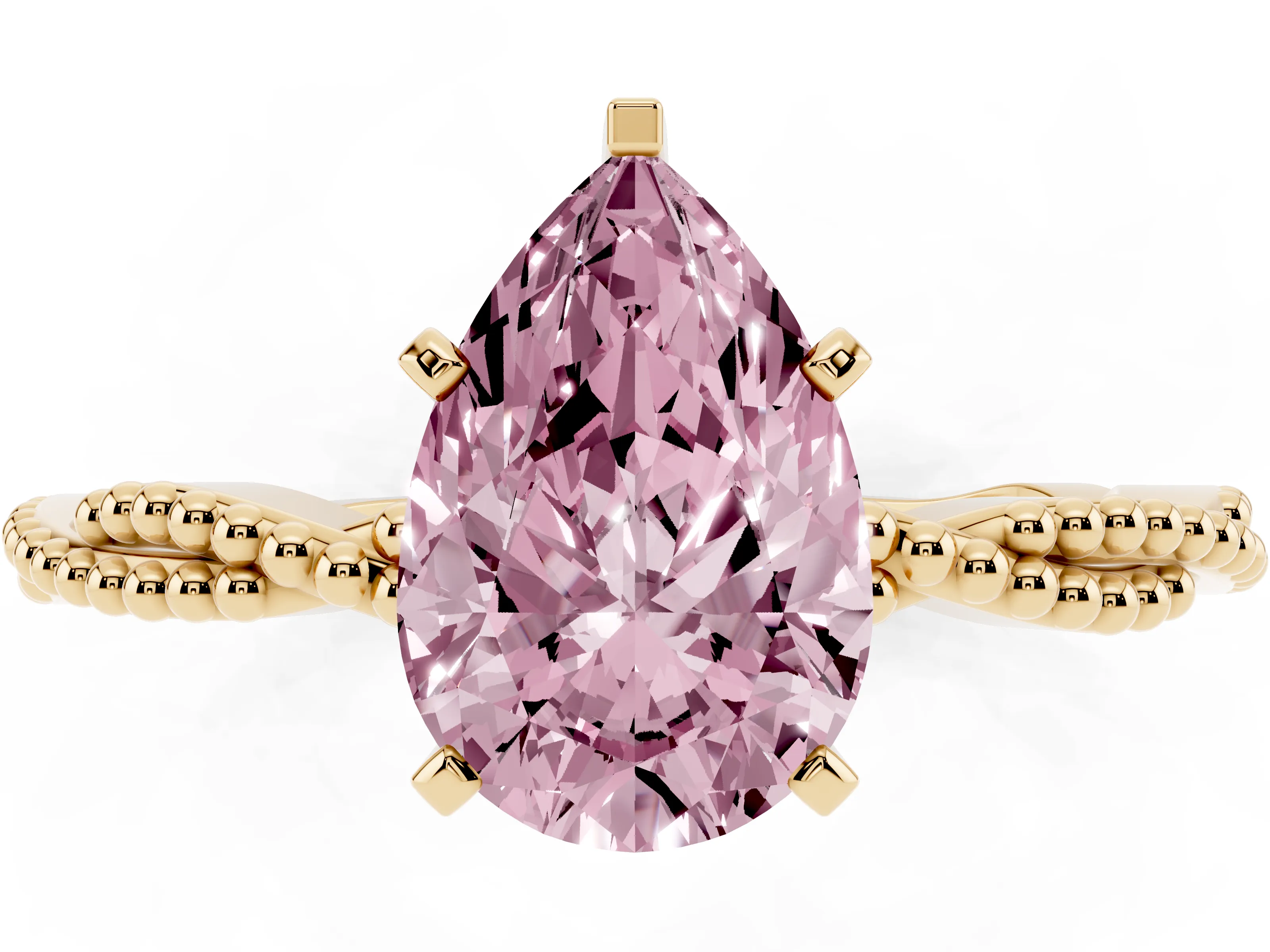 Fancy Pink Pear Cut Diamond Solitaire Ring Set in Yellow gold with Twisted Band and Bead Prong Setting