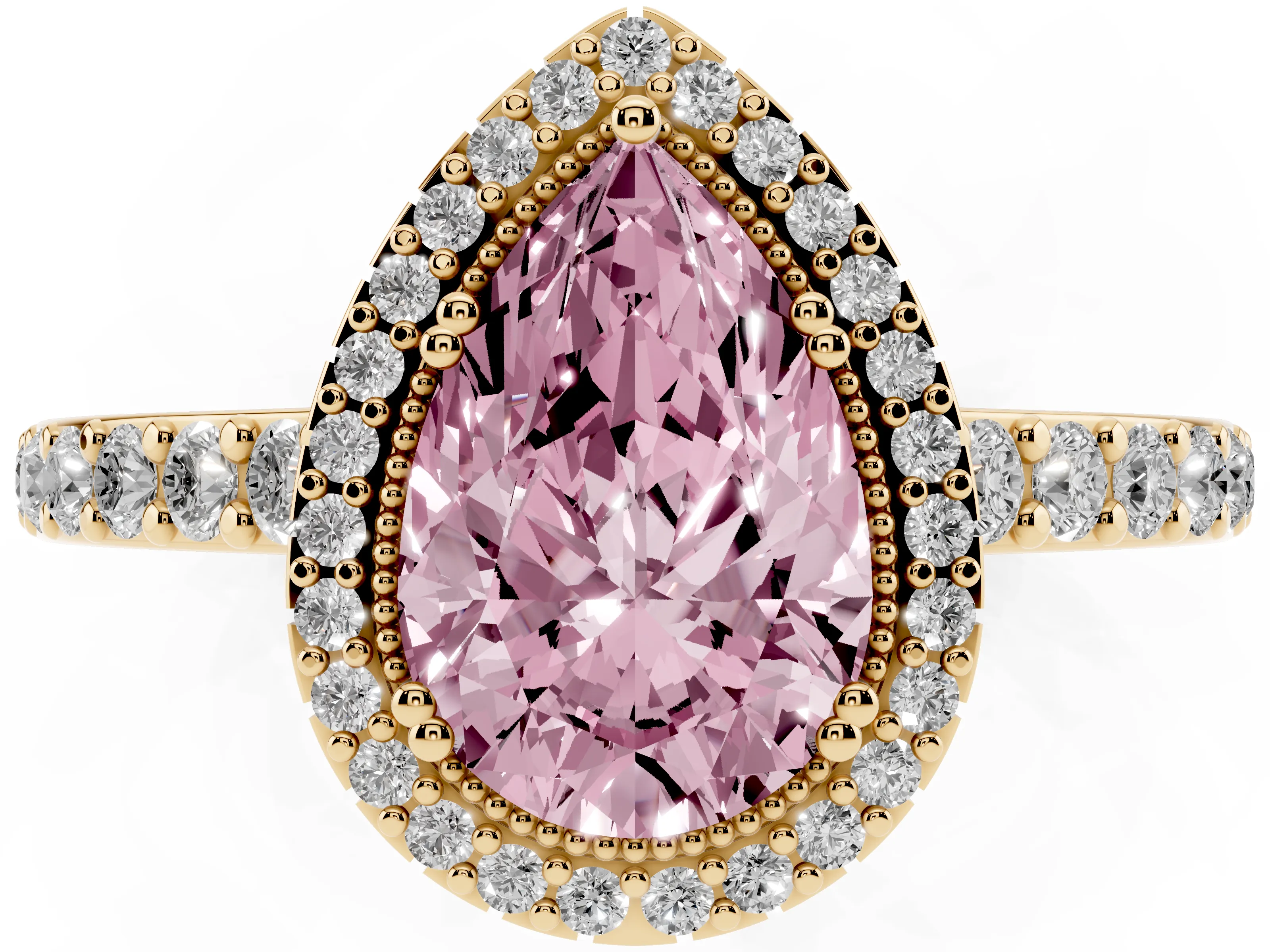 Fancy Pink Pear Cut Diamond Halo Engagement Ring Set in Yellow gold with Milgrain Detail and Pavé Band