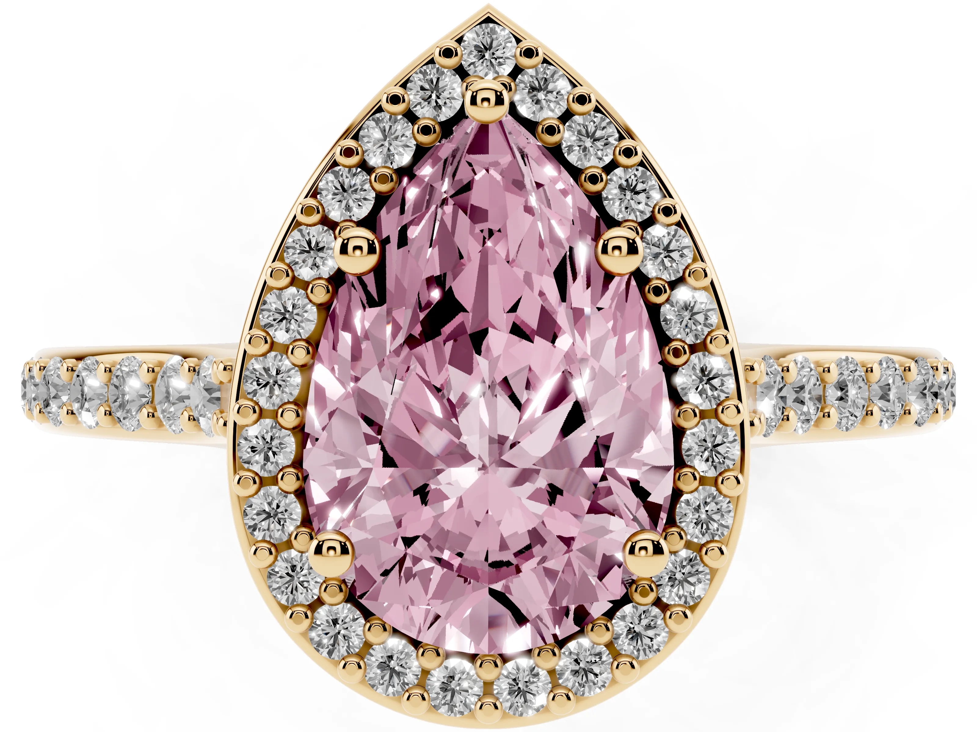 Fancy Pink Pear Cut Diamond Halo Engagement Ring Set in Yellow gold with Round Pavé Shoulders and Heart Gallery
