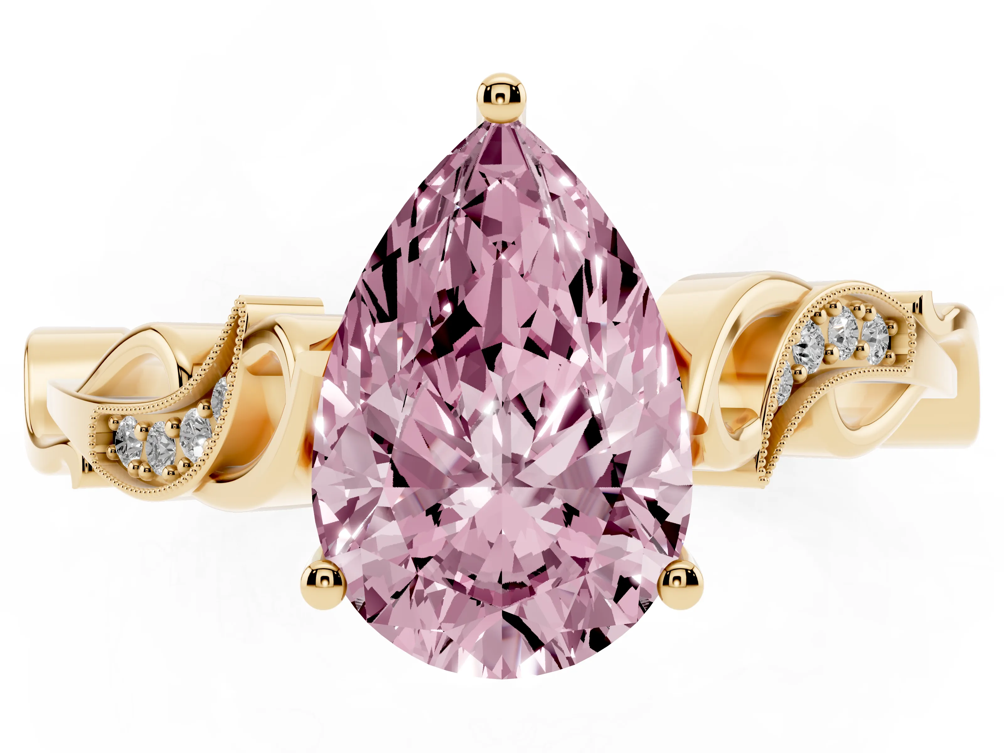 Fancy Pink Pear Cut Diamond Vine Band Solitaire Ring Set in Yellow gold with Milgrain Prong Setting