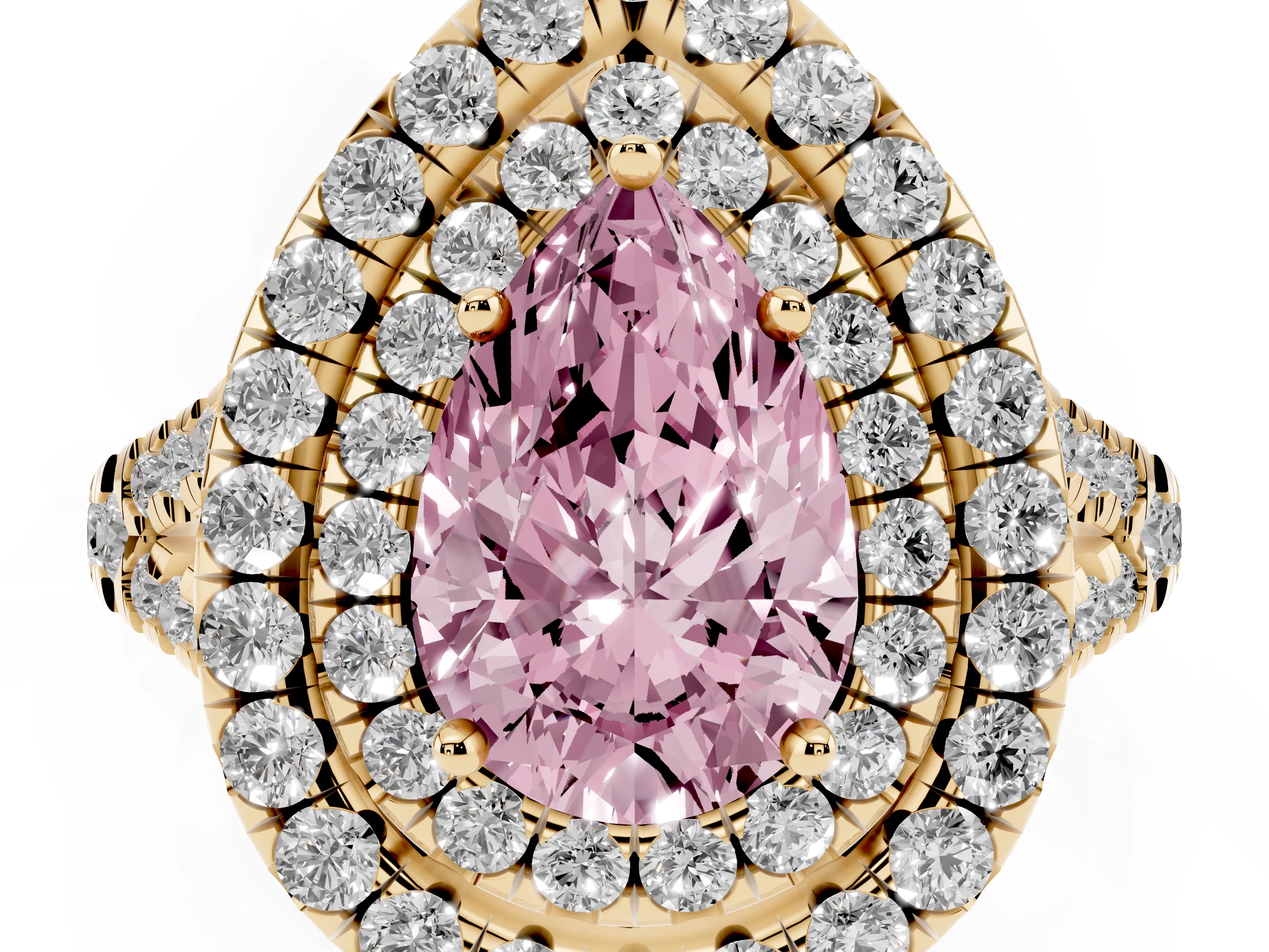 Fancy Pink Pear Cut Diamond Double Halo Ring Set in Yellow gold with Pavé Split Shank and Prong Setting