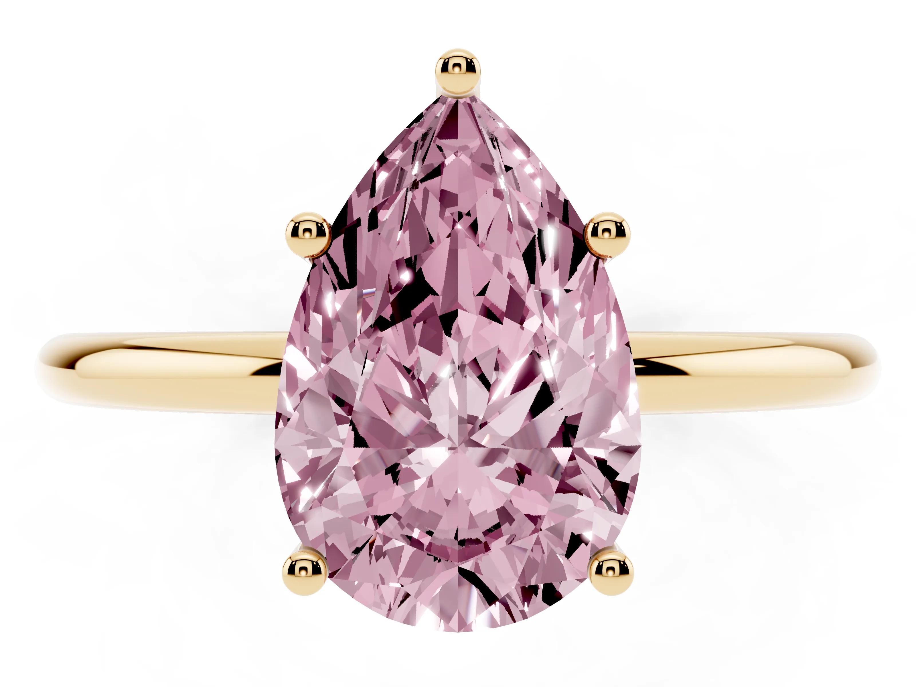 Fancy Pink Pear Cut Diamond Solitaire Engagement Ring Set in Yellow gold with Thin Band and Prong Setting