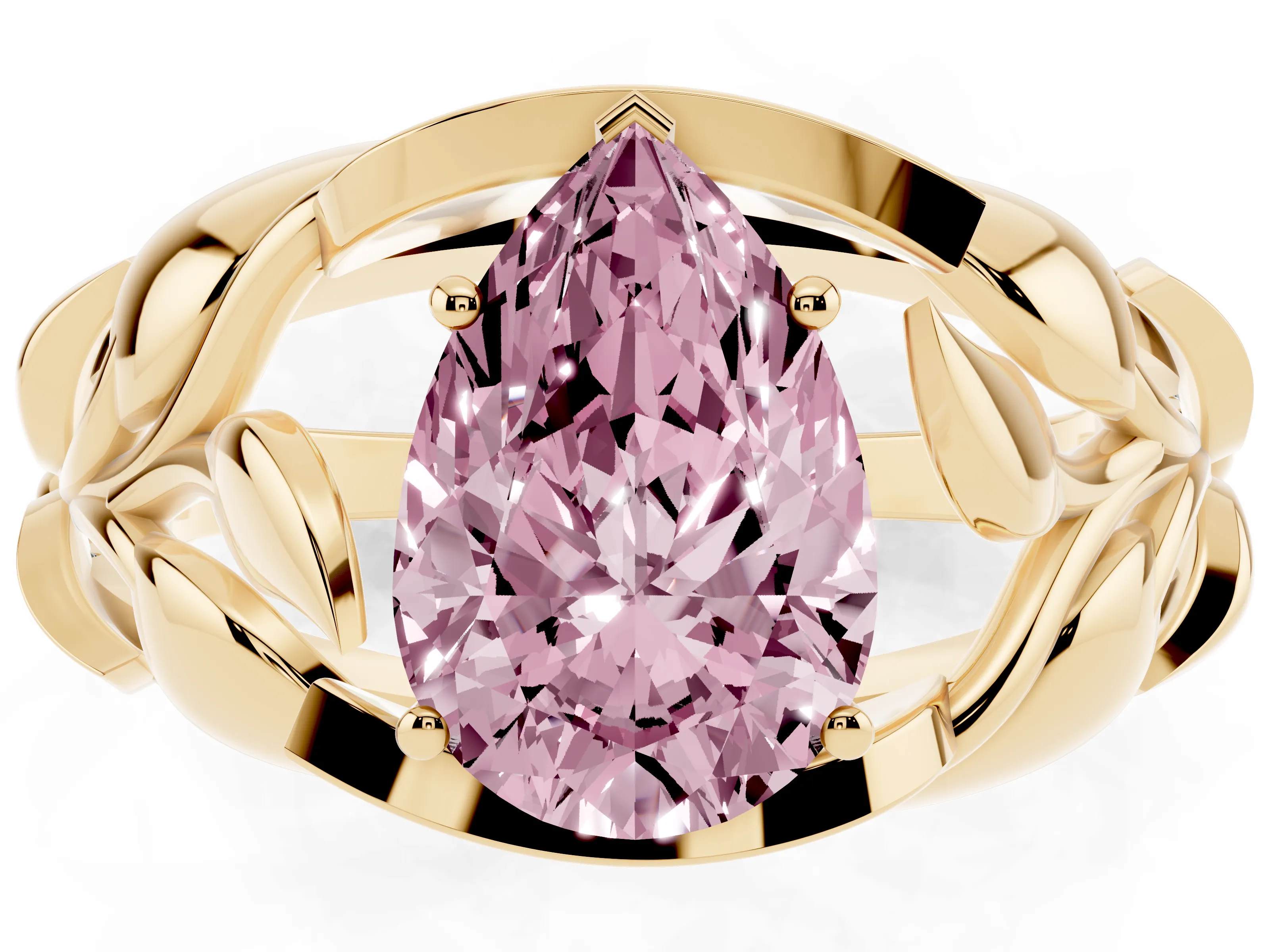 Fancy Pink Pear Cut Diamond Leaf-Inspired Engagement Ring Set in Yellow gold with Round Accents