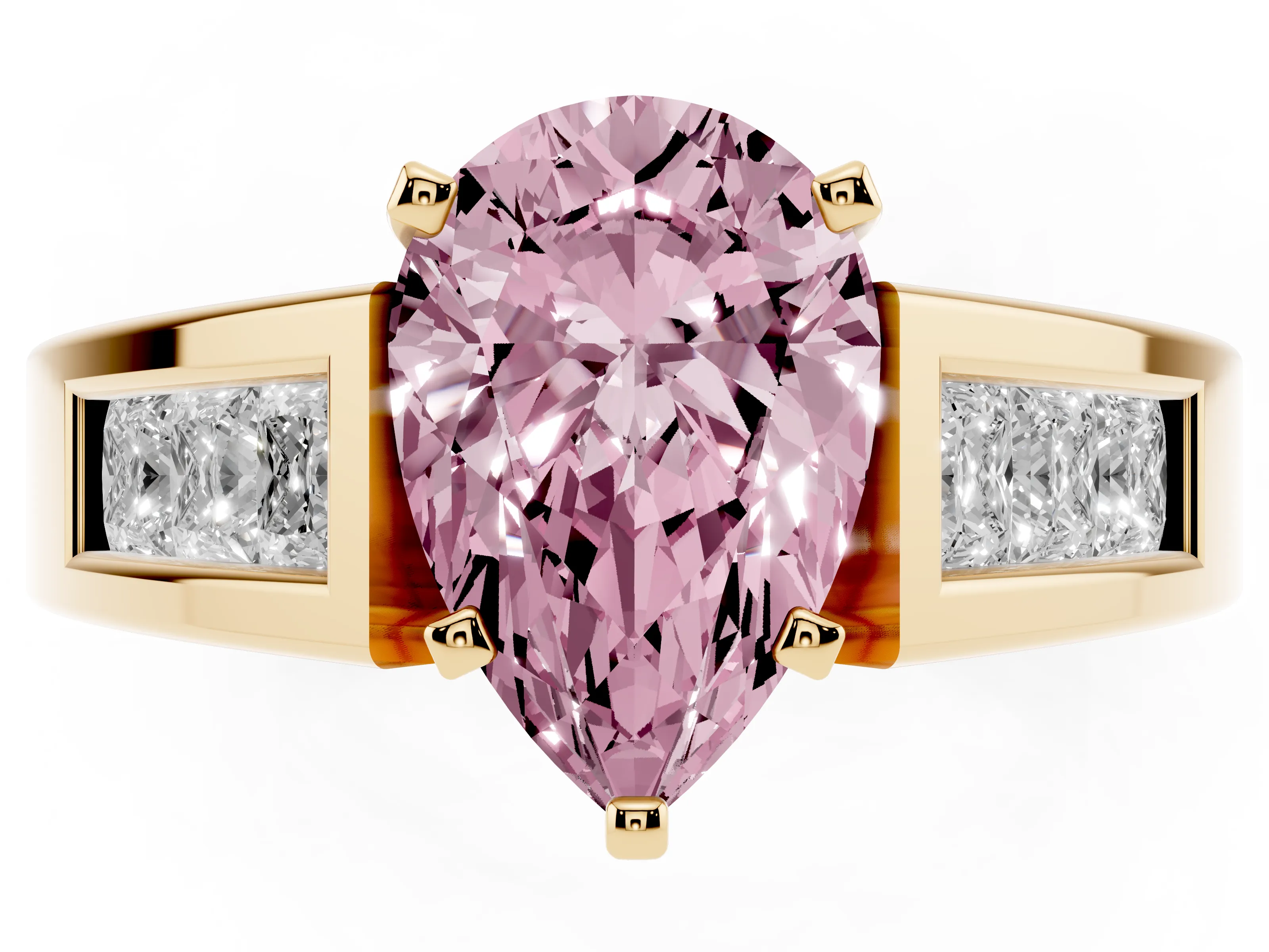 Fancy Pink Pear Cut Diamond Solitaire Ring Set in Yellow gold with Channel-Set Accent Stones and Prong Setting