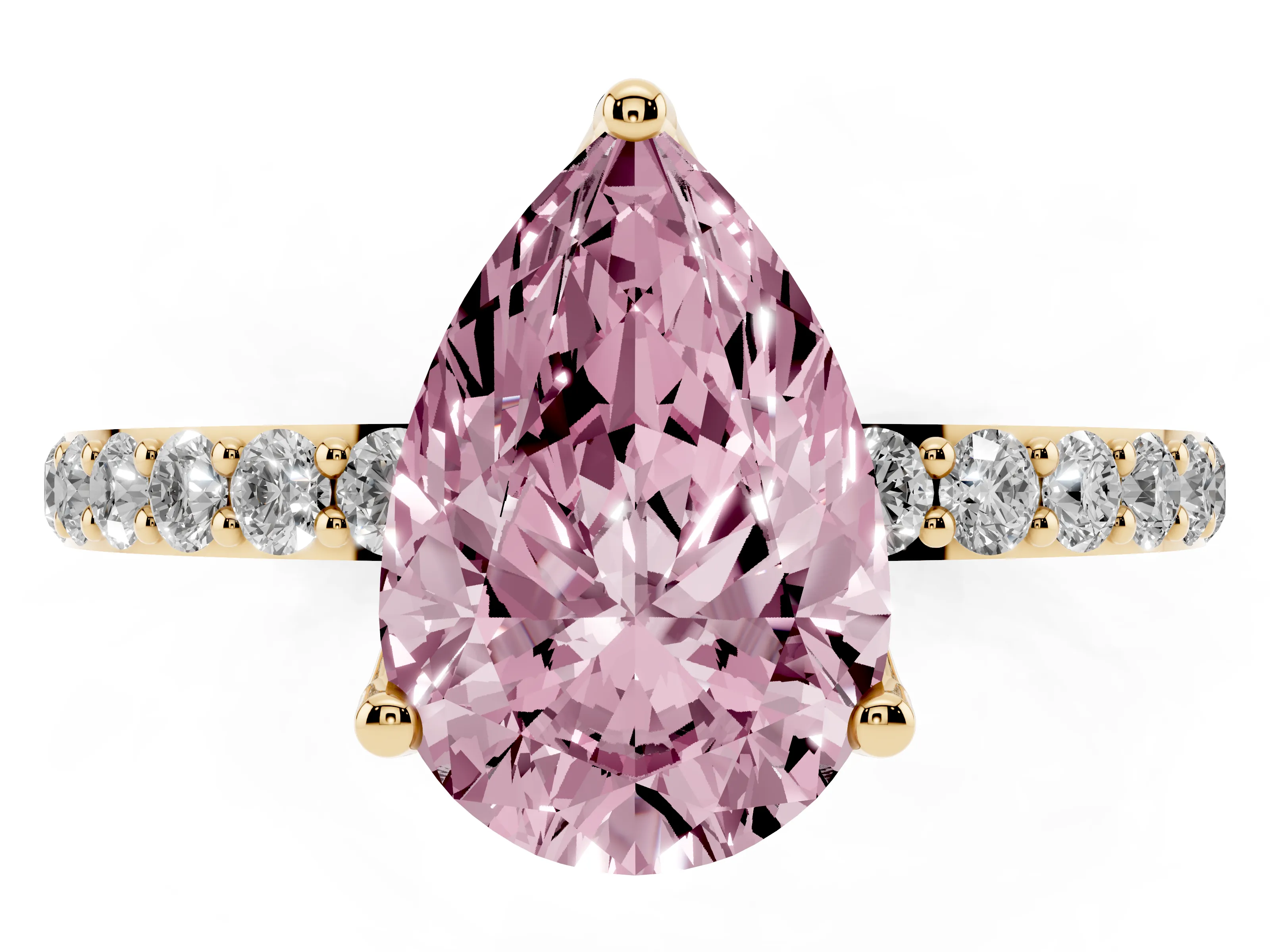 Fancy Pink Pear Cut Diamond Solitaire Engagement Ring Set in Yellow gold with Round Pavé Band and Prong Setting