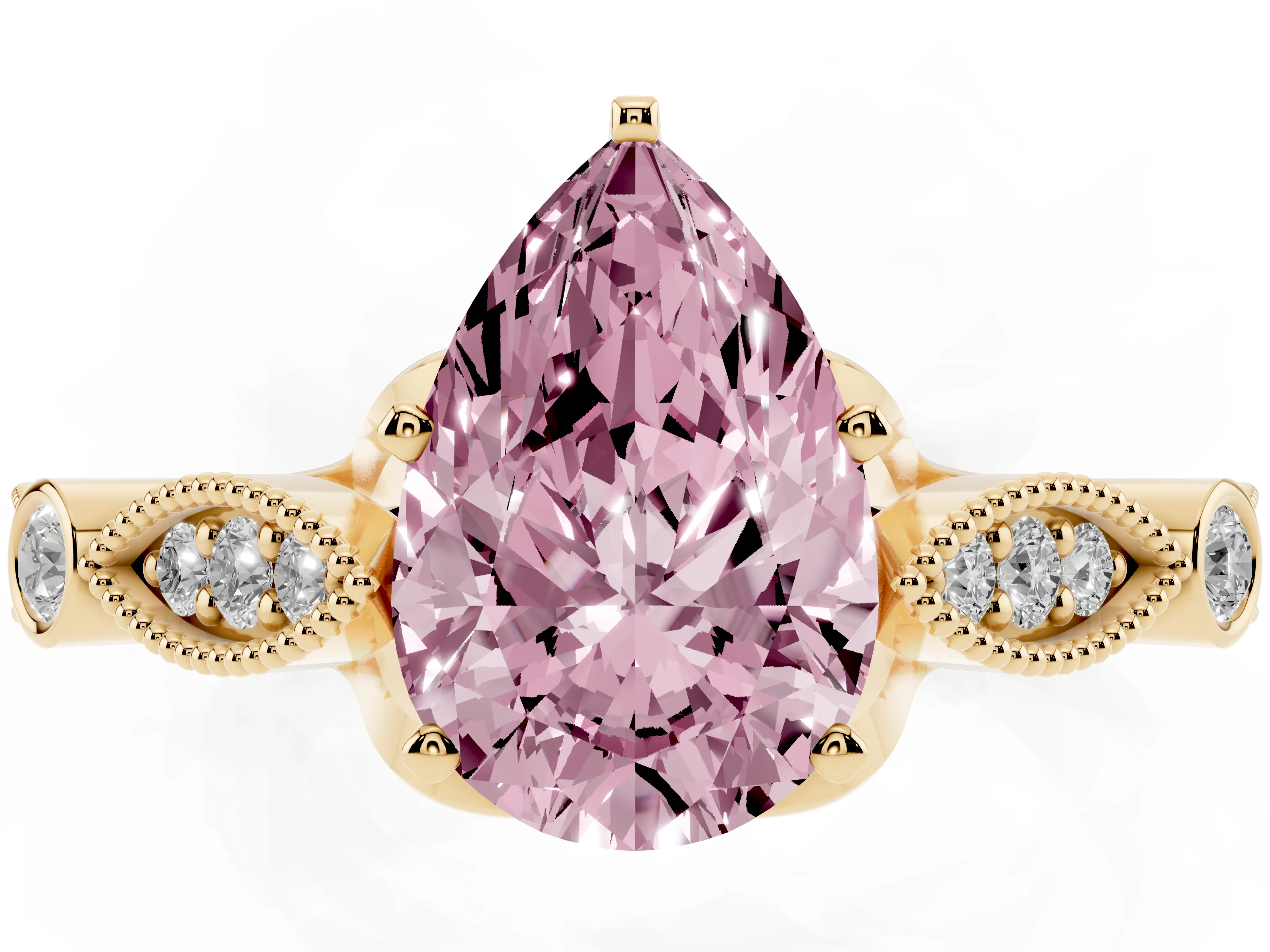 Fancy Pink Pear Cut Diamond Solitaire Ring Set in Yellow gold with Milgrain Marquise and Bezel Accents
