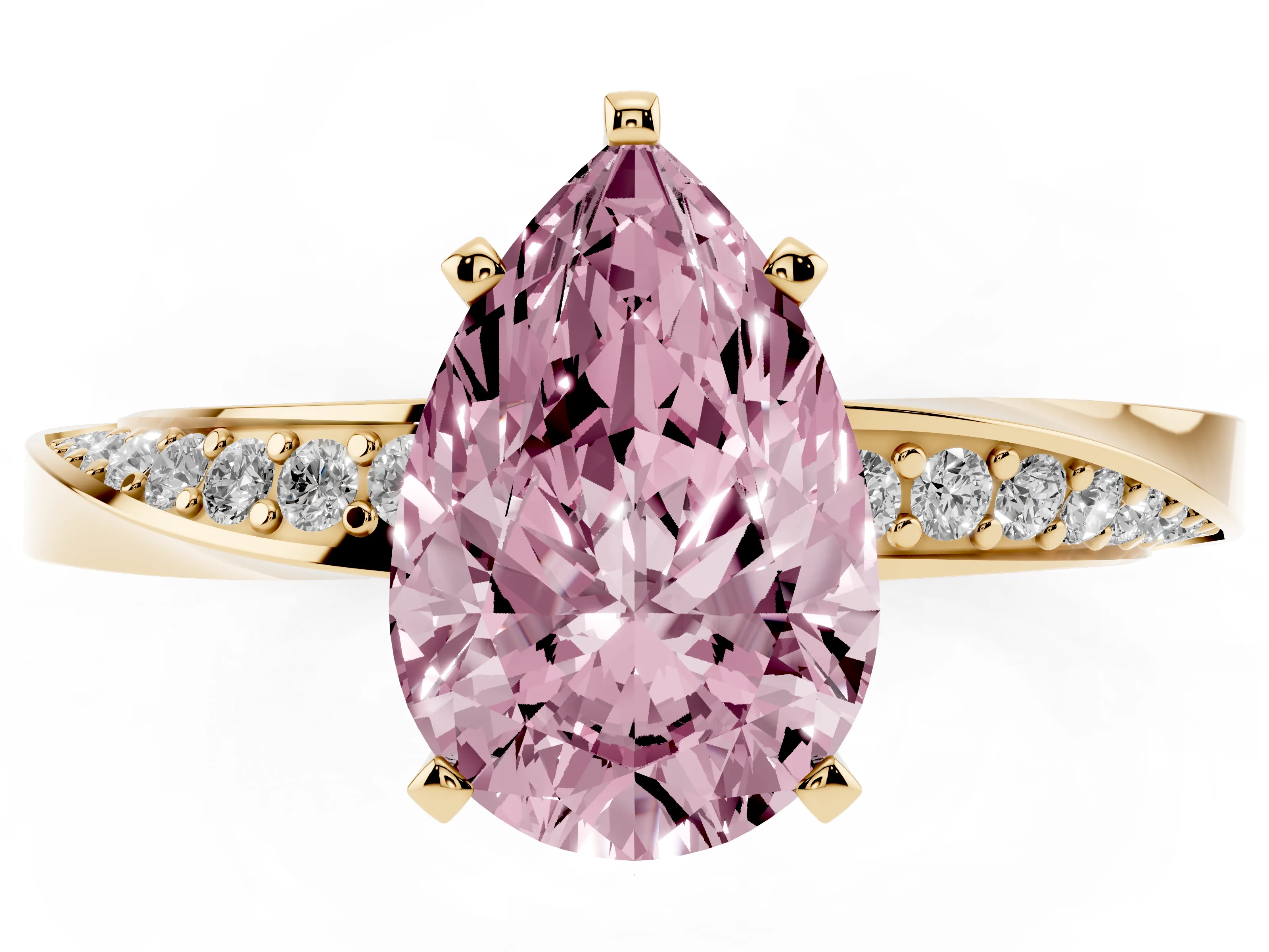 Fancy Pink Pear Cut Diamond Engagement Ring Set in Yellow gold with Side Stone Accents and Prong Setting