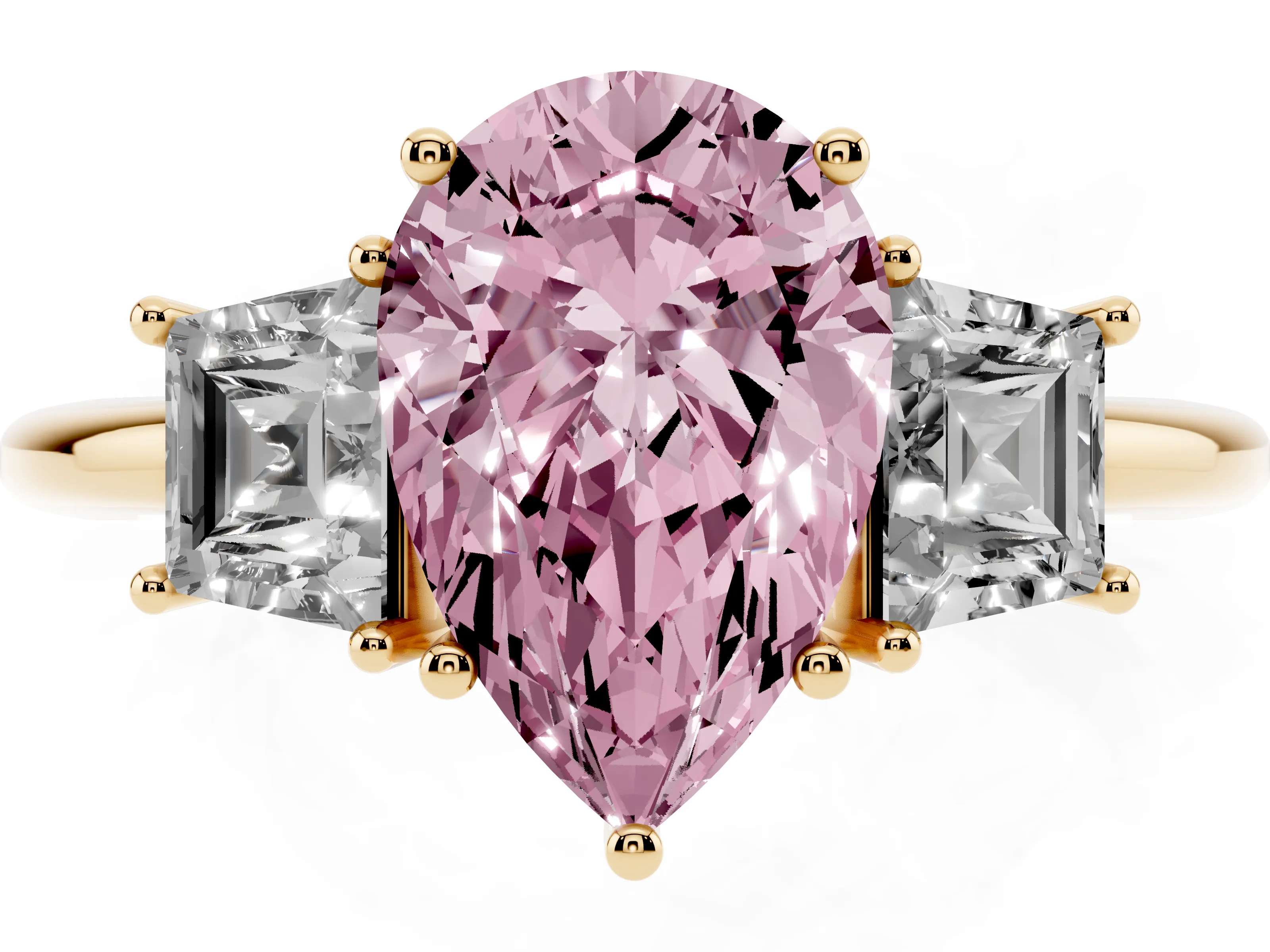 Fancy Pink Pear Cut Diamond Three-Stone Ring Set in Yellow gold with Trapezoid Side Stones and Prong Setting