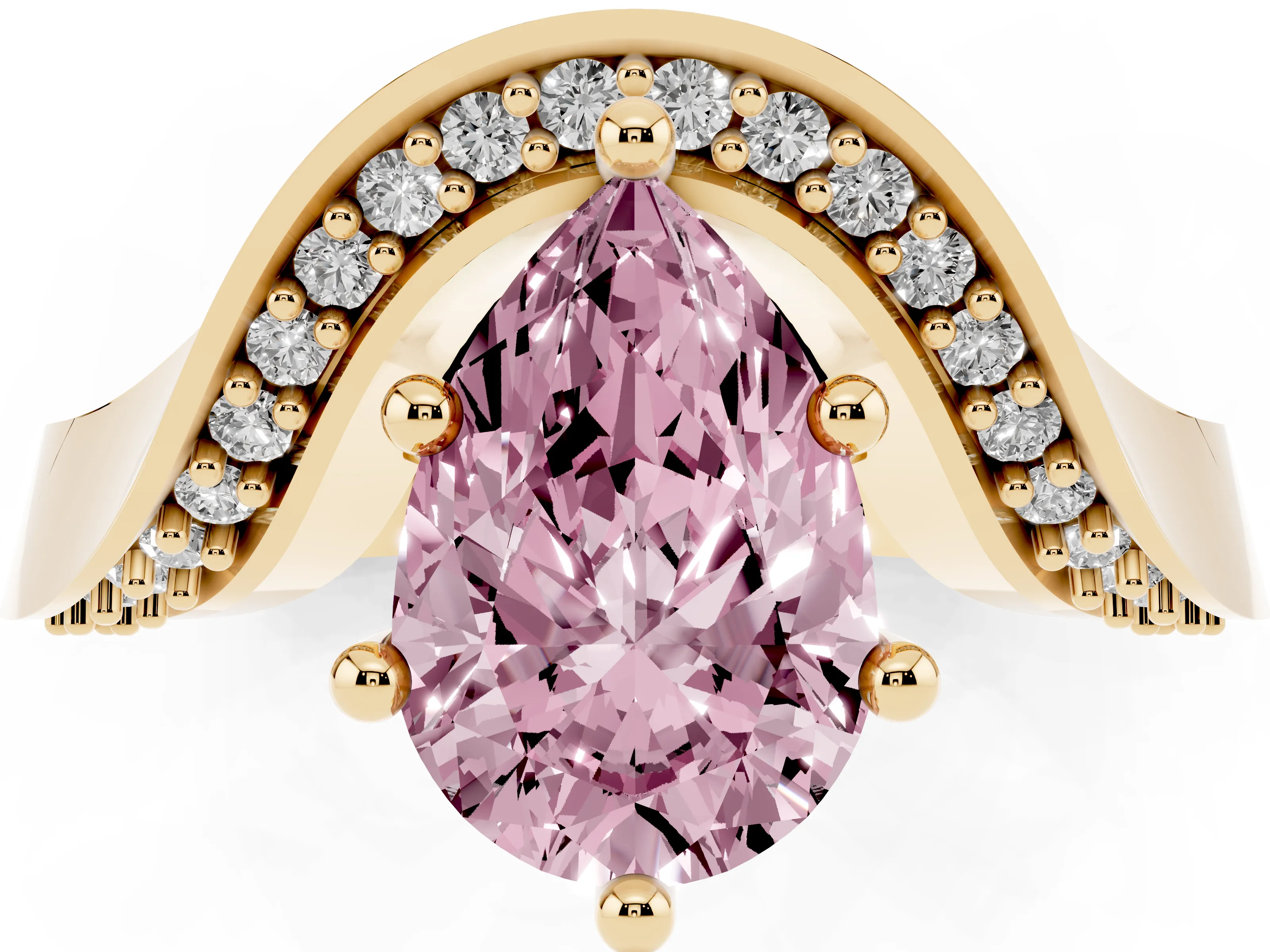 Fancy Pink Pear Cut Diamond Solitaire Engagement Ring Set in Yellow gold with Pavé Shoulders