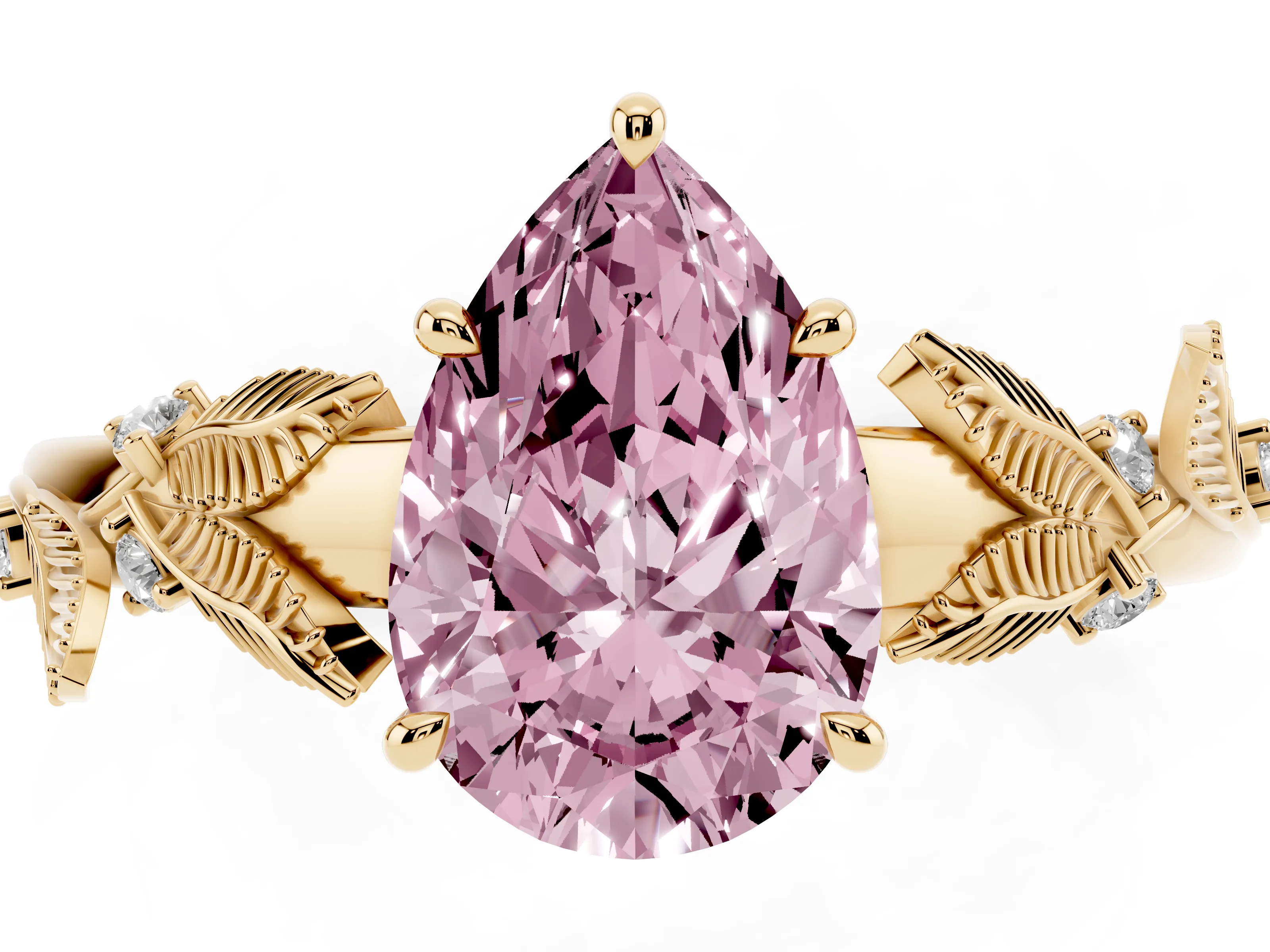 Fancy Pink Pear Cut Diamond Solitaire Ring Set in Yellow gold with Leaf Motif Band