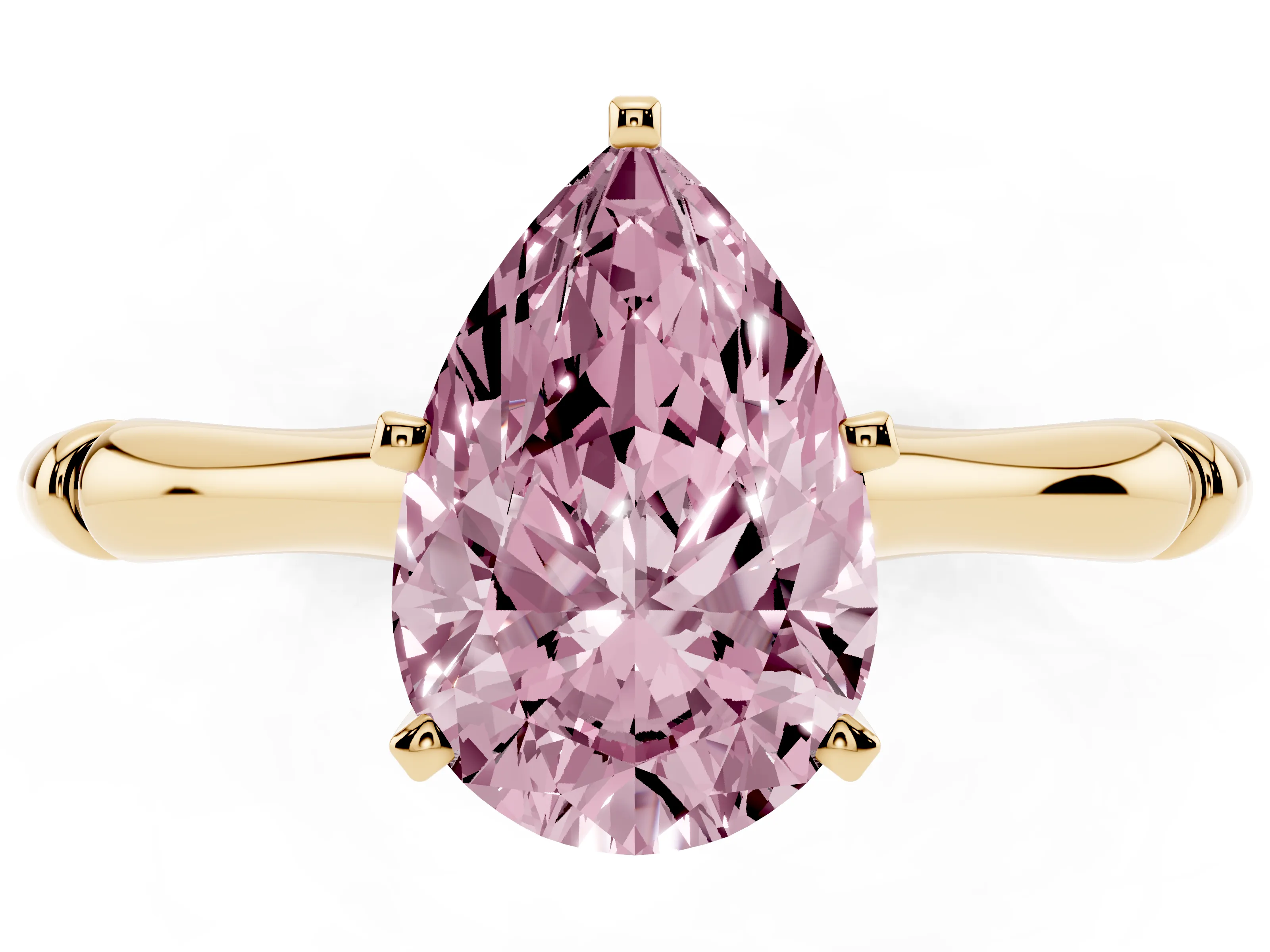 Fancy Pink Pear Cut Diamond Solitaire Ring Set in Yellow gold with Bamboo Band and Prong Setting