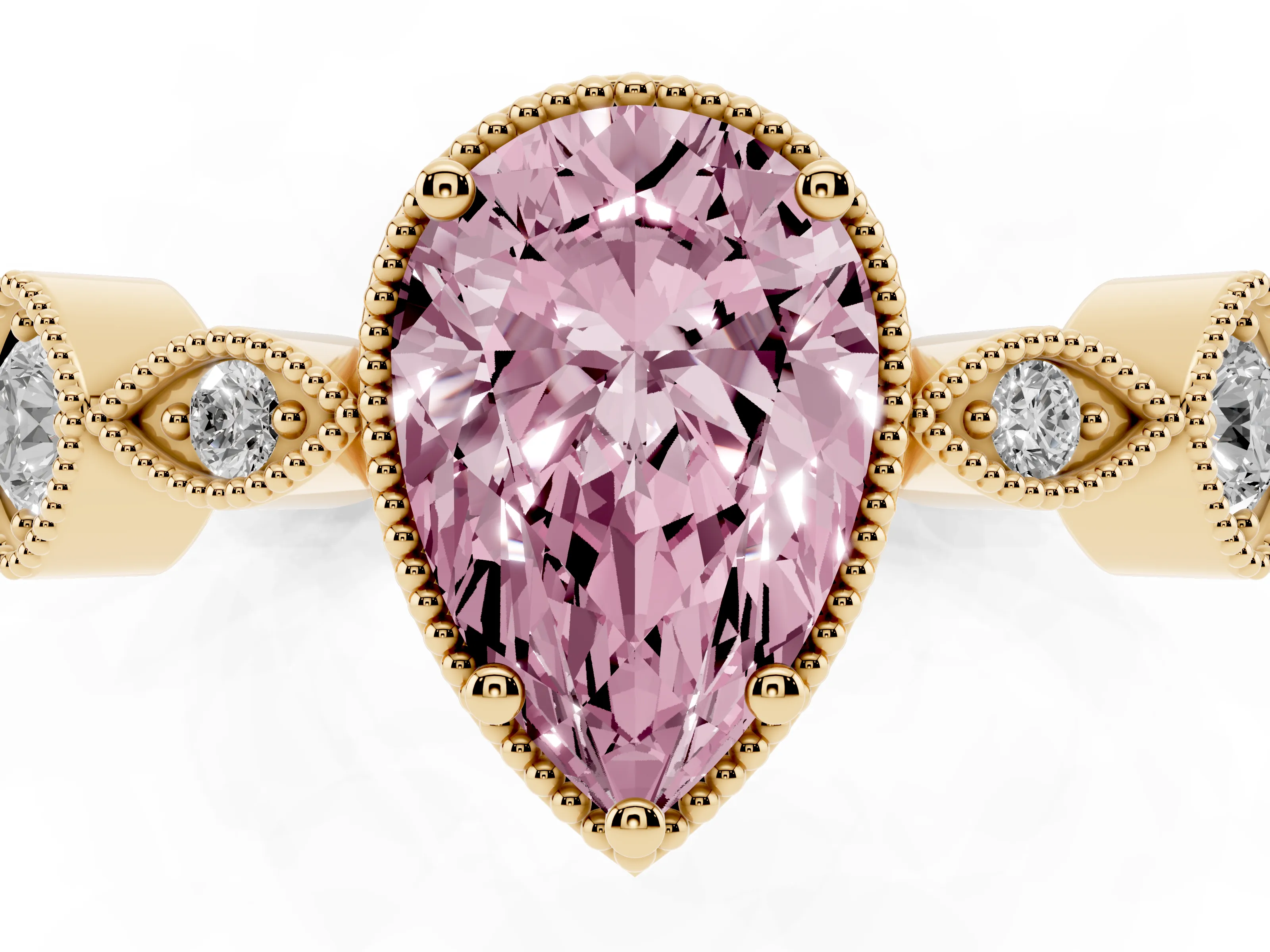 Fancy Pink Pear Cut Diamond Vintage-Inspired Milgrain Ring Set in Yellow gold with Marquise Stations of Round Accents