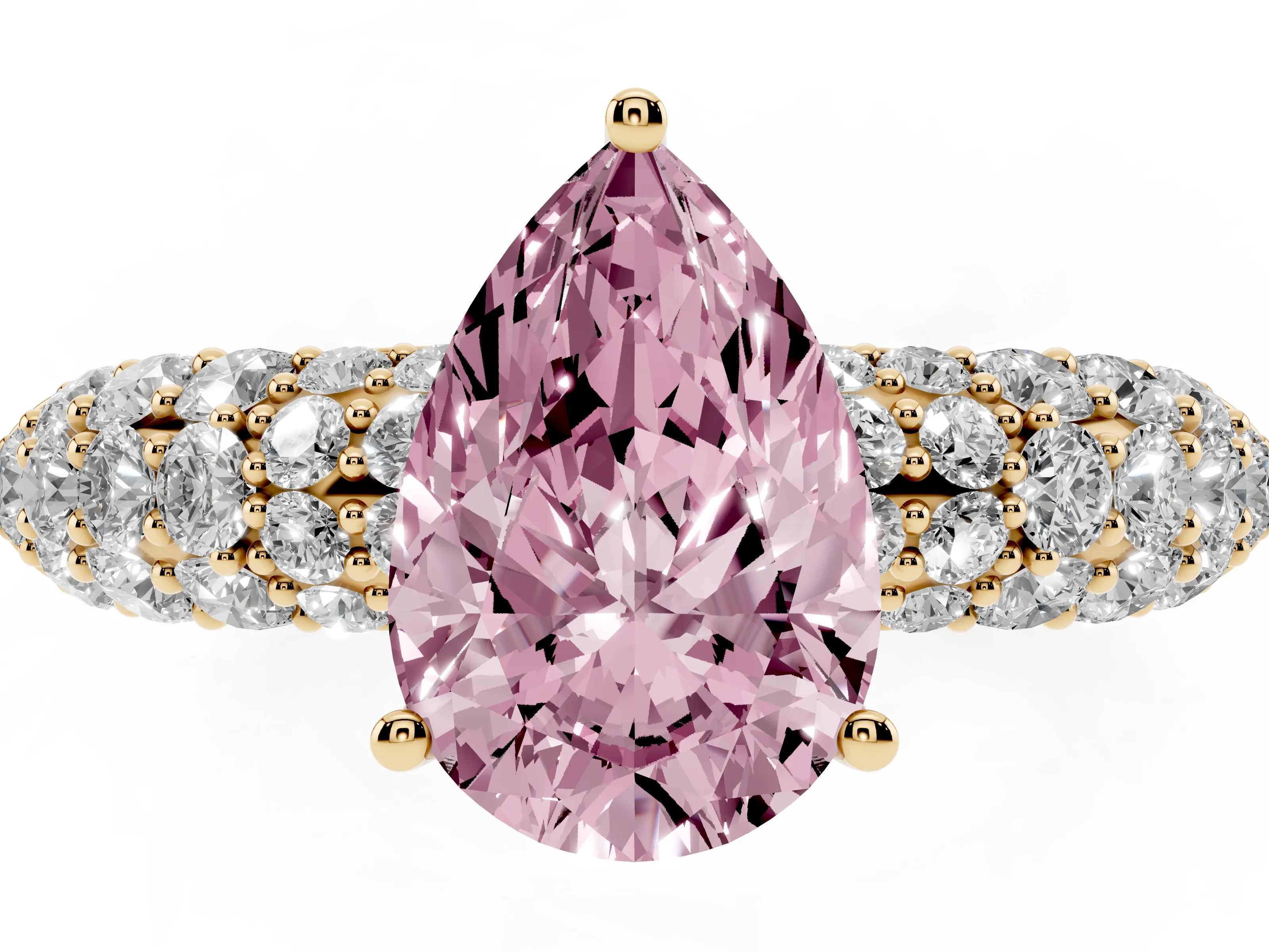Fancy Pink Pear Cut Diamond Pavé Band Solitaire Ring Set in Yellow gold with Close-Set Accent Stones and Prong Setting