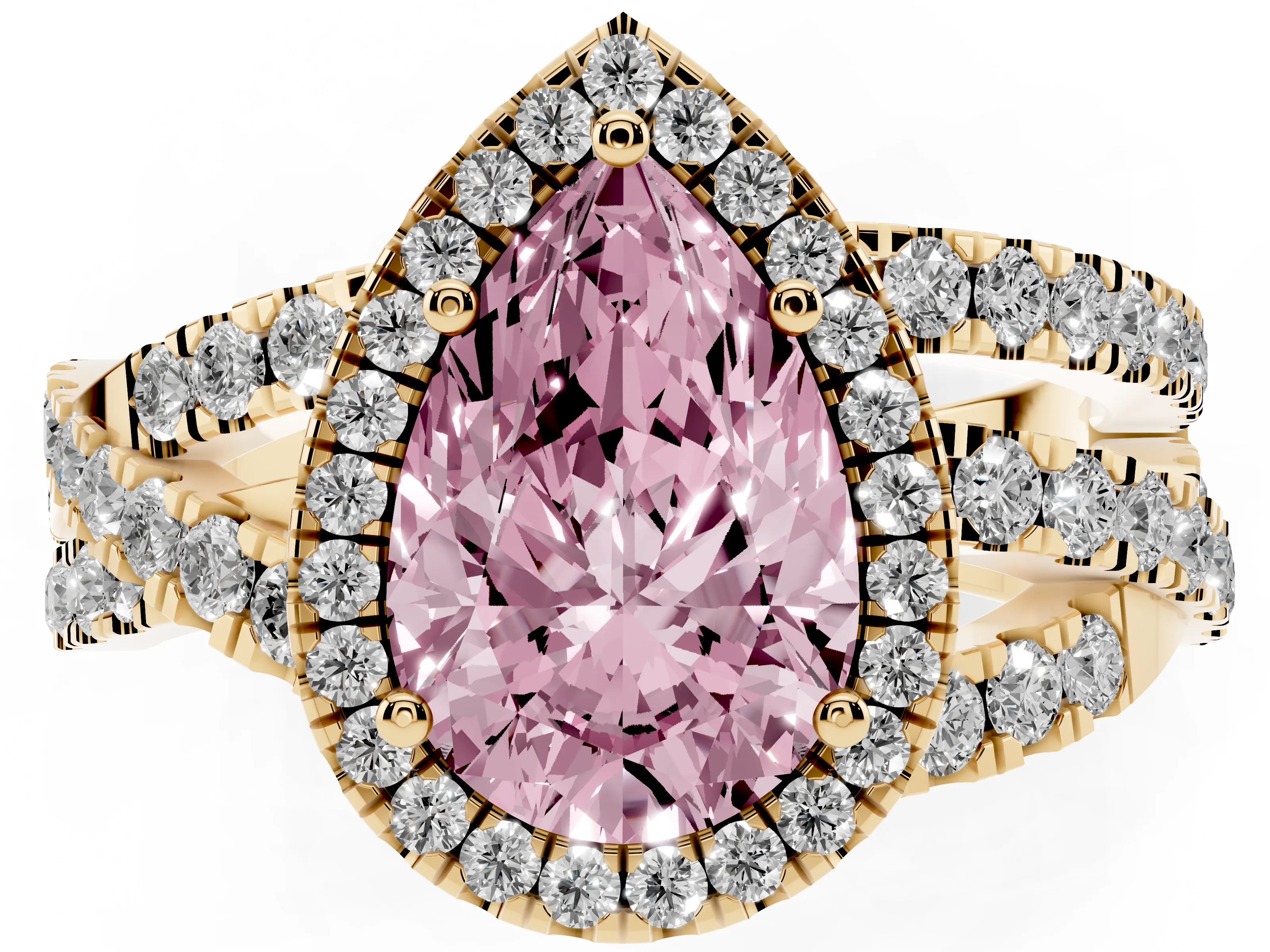 Fancy Pink Pear Cut Diamond Halo Ring Set in Yellow gold with Round Crossover Split Shank and Prong Setting