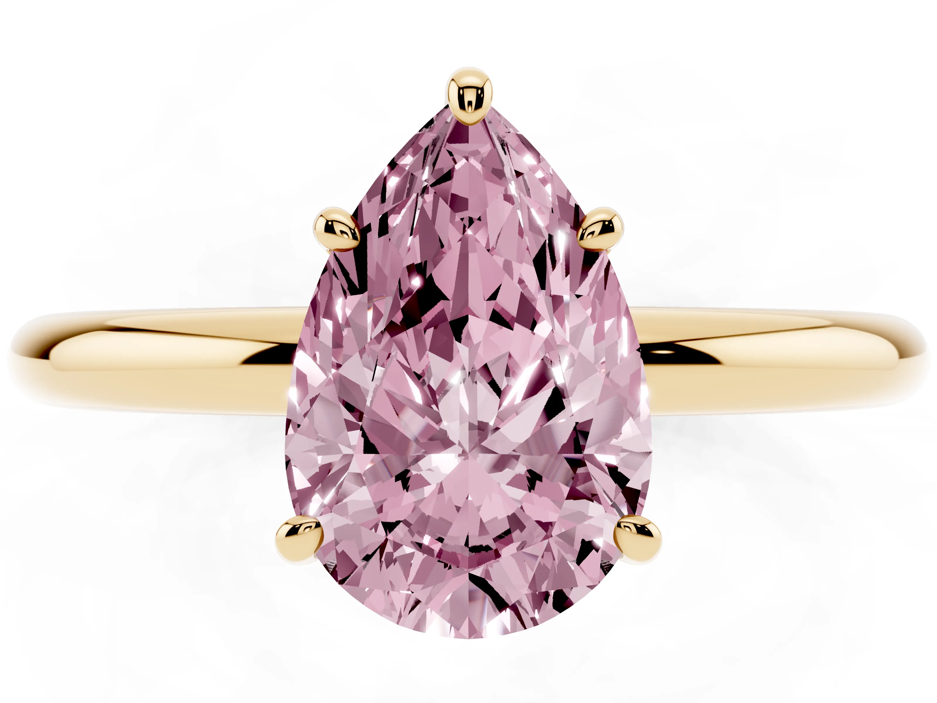 Fancy Pink Pear Cut Diamond Solitaire Ring Set in Yellow gold with Prong Setting on a Polished Plain Band